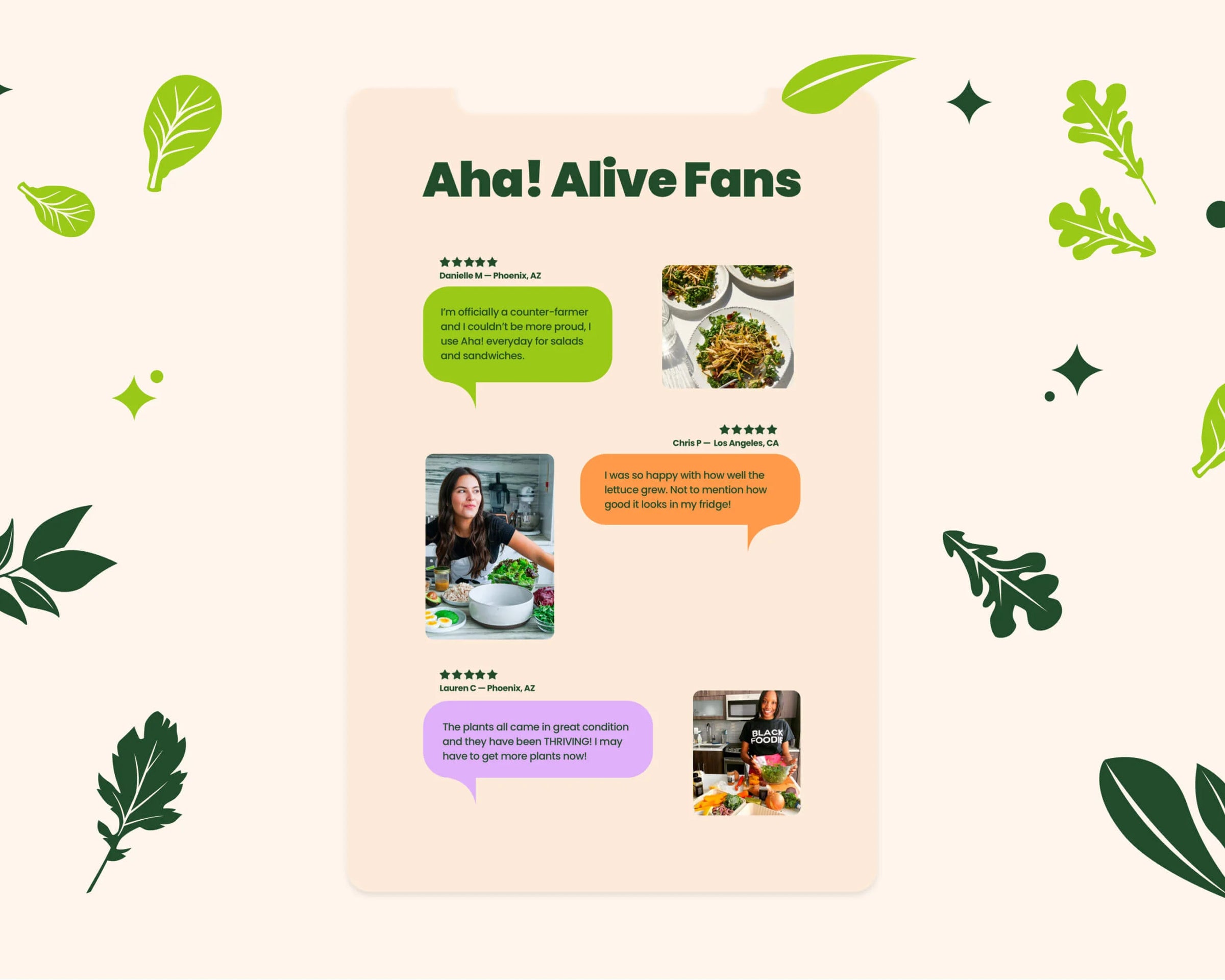 Product packaging with text 'Aha! Alive Fans' on a light pink background with green leaf patterns.