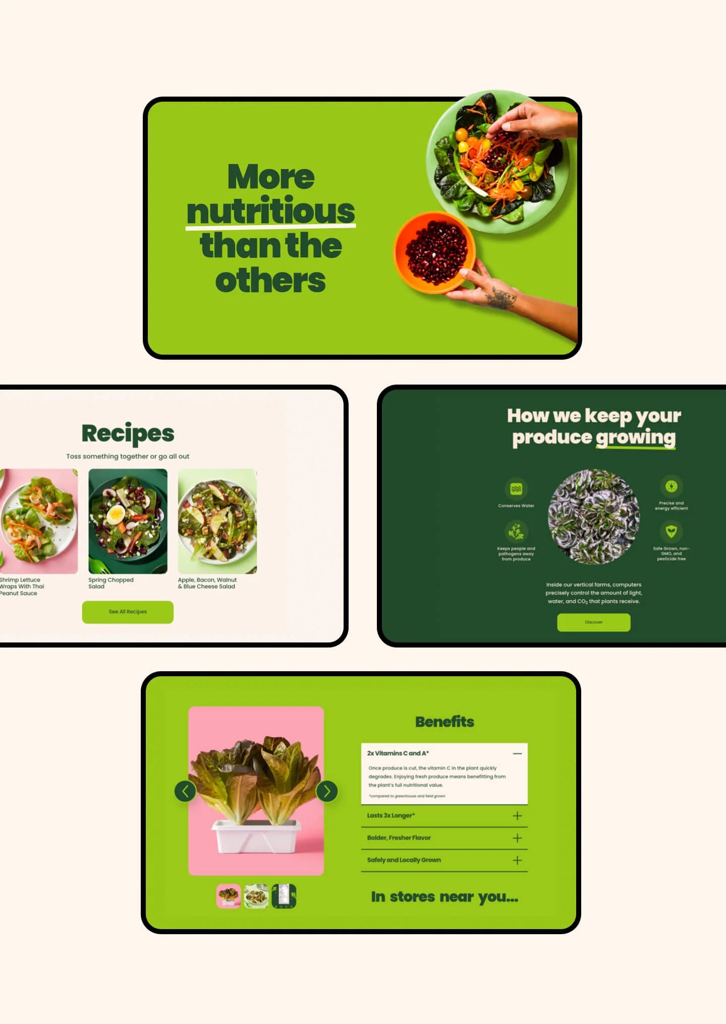 Collage of green and pink graphics with text about nutritious produce and recipes.