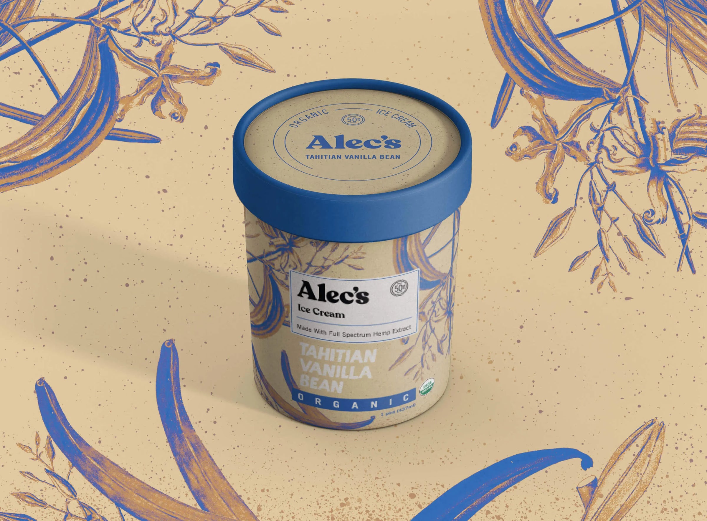 A container of Alec's Tahitian Vanilla Ice Cream on a decorative background with wavy lines and abstract shapes.