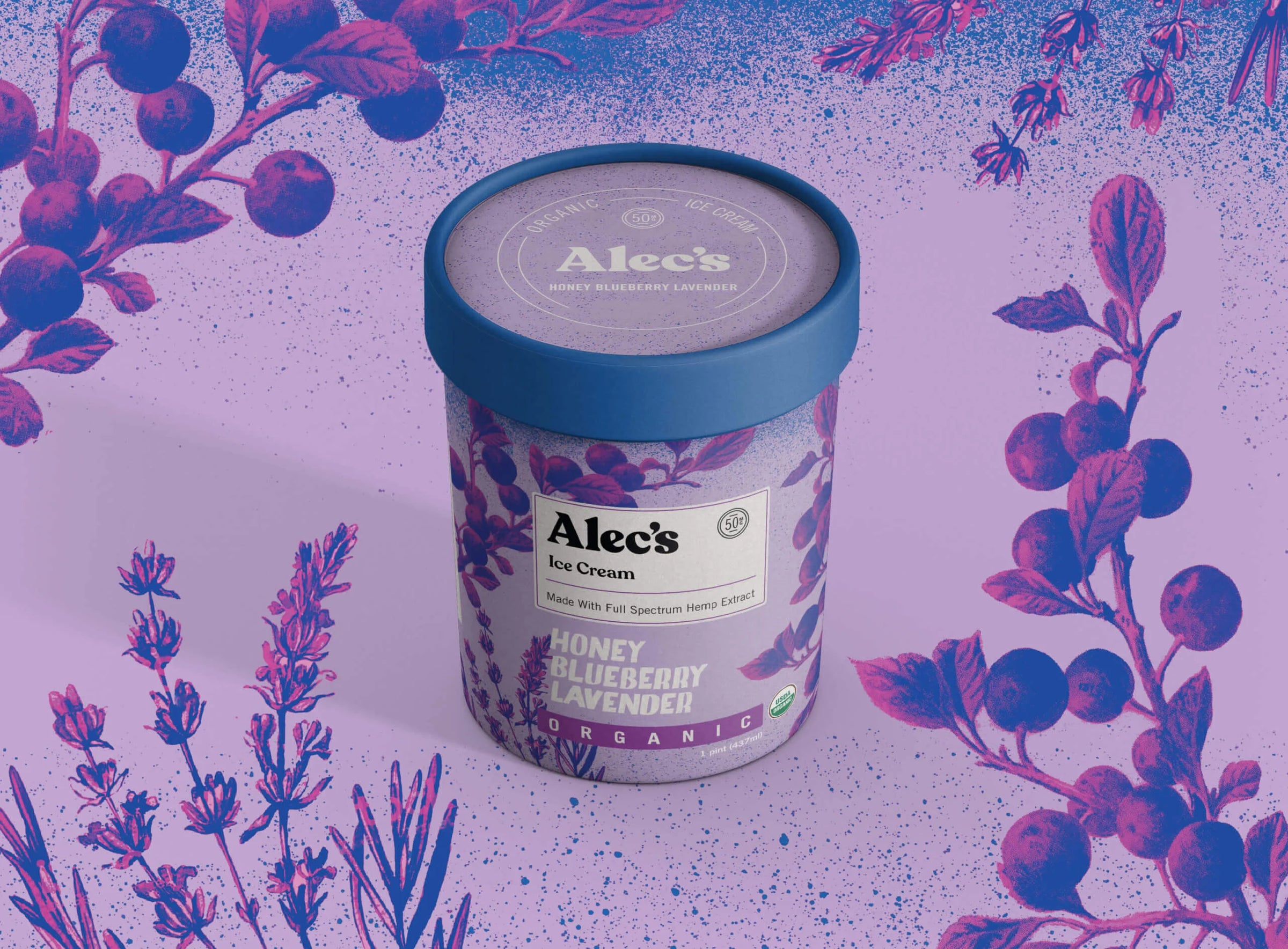 A container of Alec's Ice Cream with a lavender and blueberry theme on a matching background.