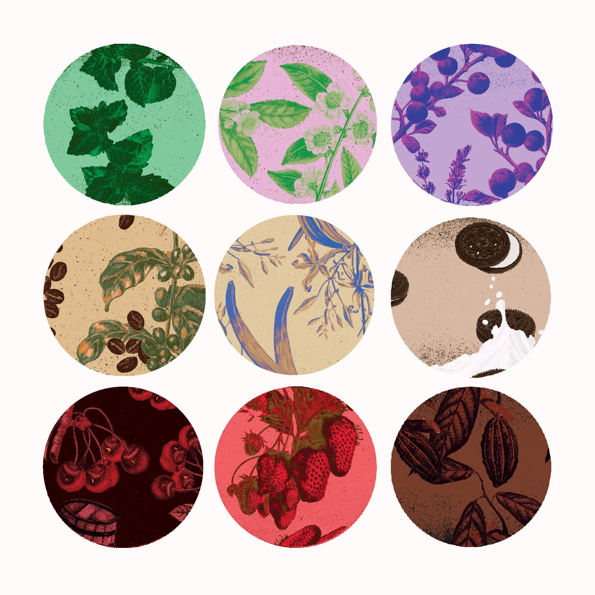 Nine round stickers with various plant and nature-themed designs on a white background.