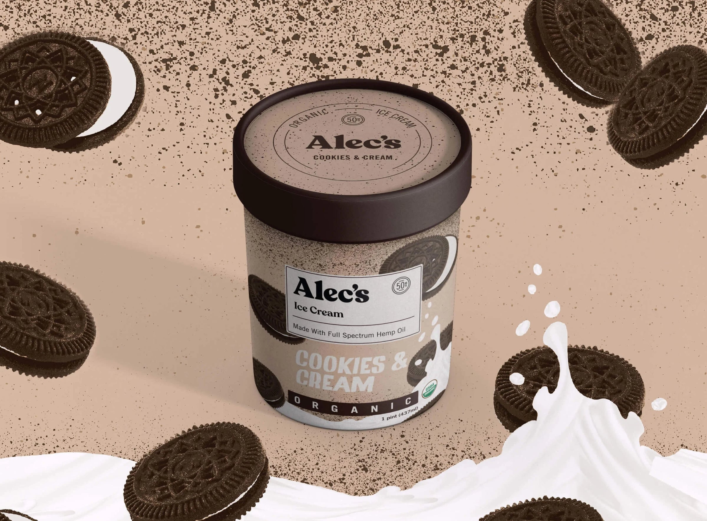 A container of Alec's Cookies & Cream ice cream with cookies and milk around it on a beige background