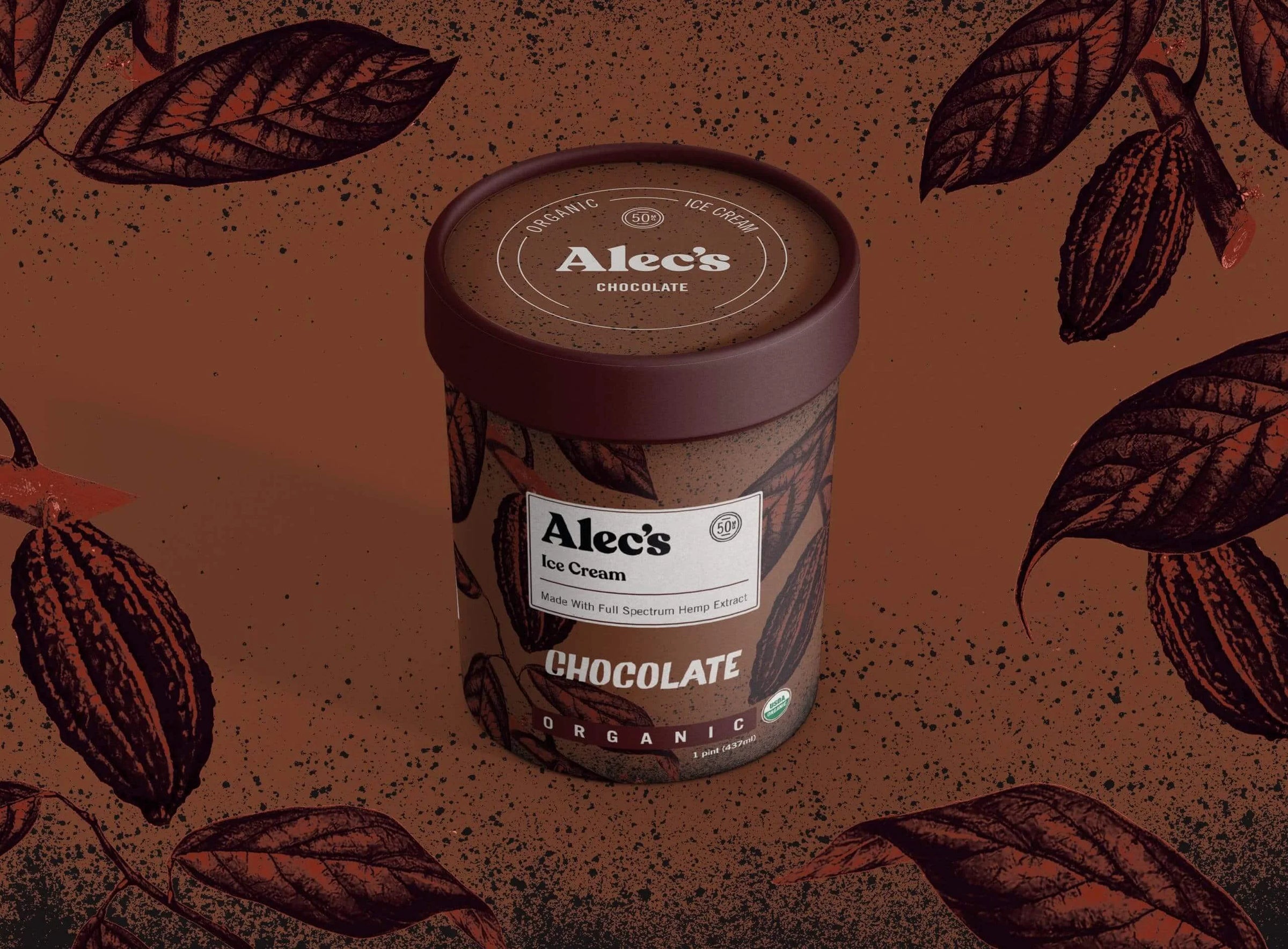 A container of Alec's Chocolate Ice Cream on a brown background with cacao bean illustrations.