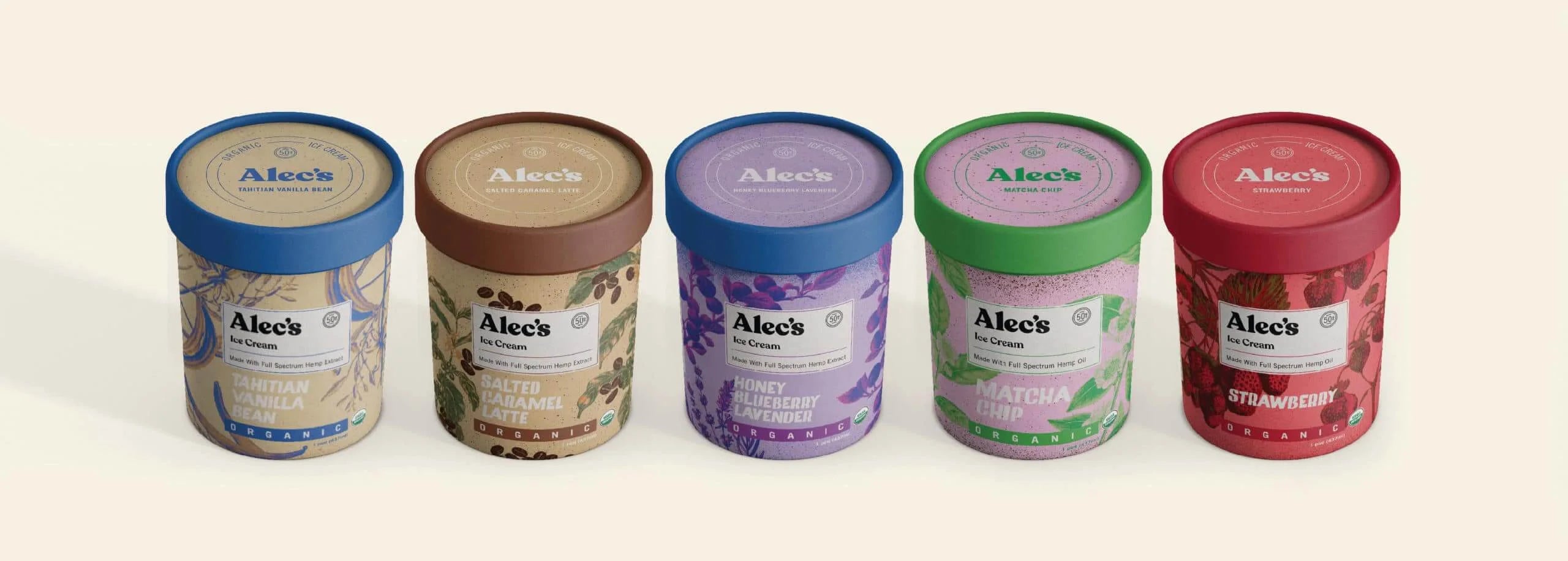 Five containers of 'Alec's' ice cream with colorful lids on a white background