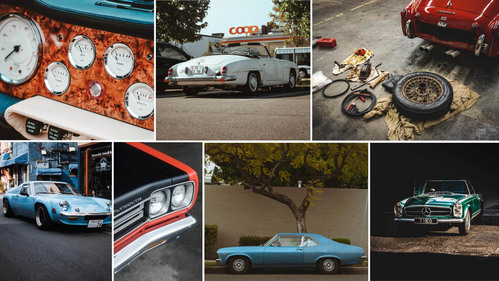 Collage of various cars and car parts with a focus on automotive themes.