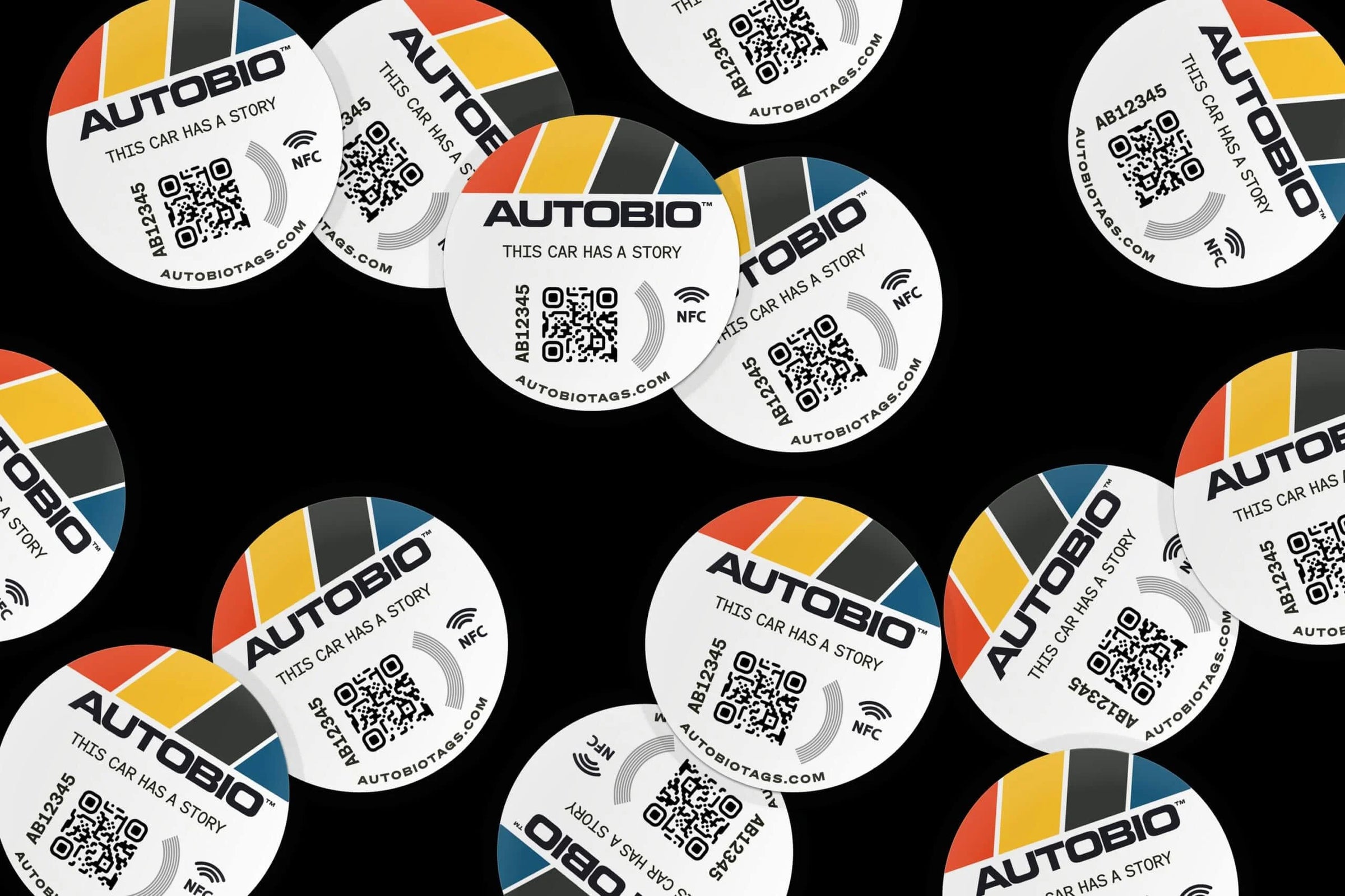Multiple Autobio stickers with QR codes on a black background