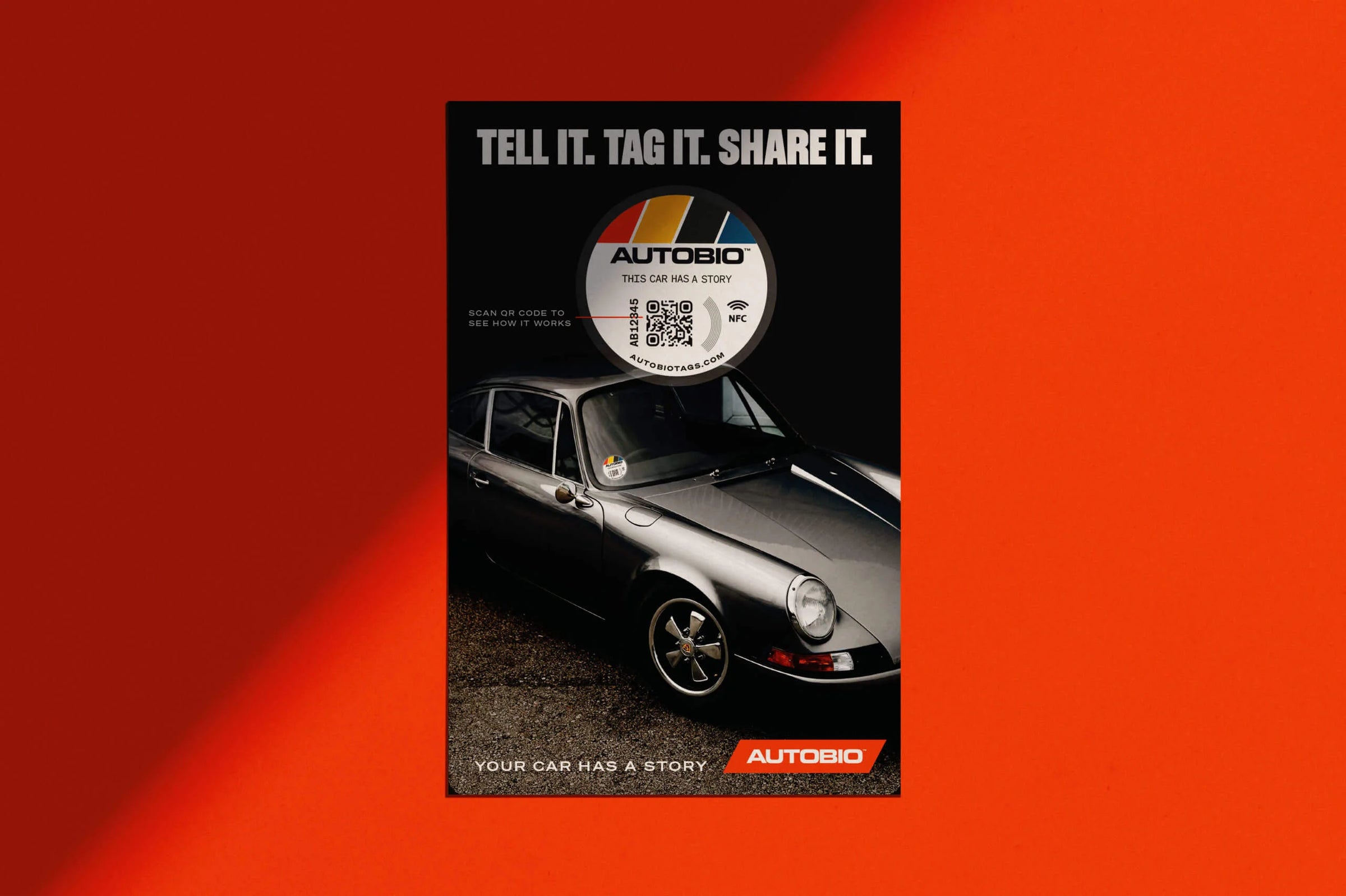Autobio car app poster with a vintage car on an orange background