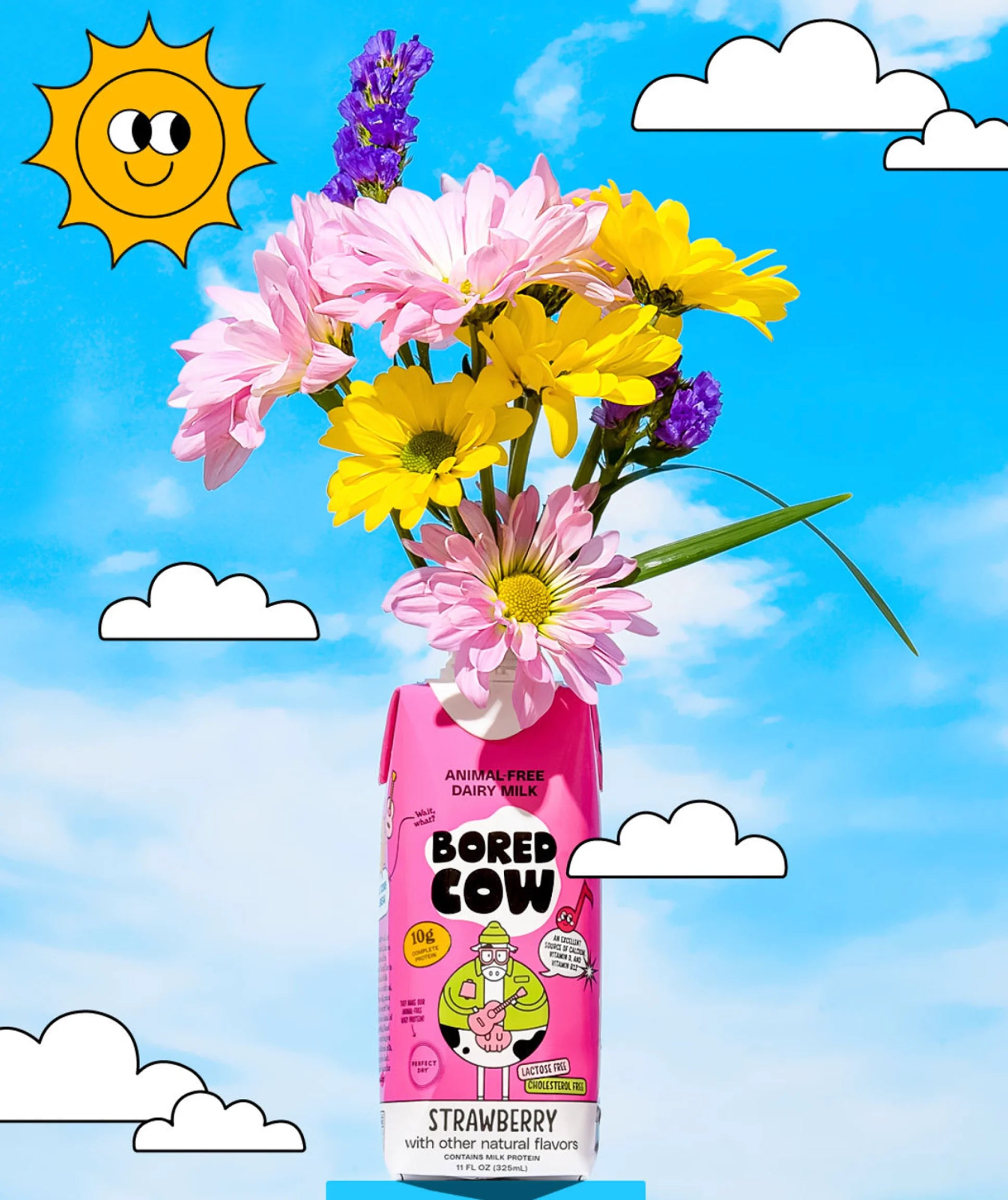 Bored Cow strawberry milk carton with a bouquet of flowers against a blue sky background