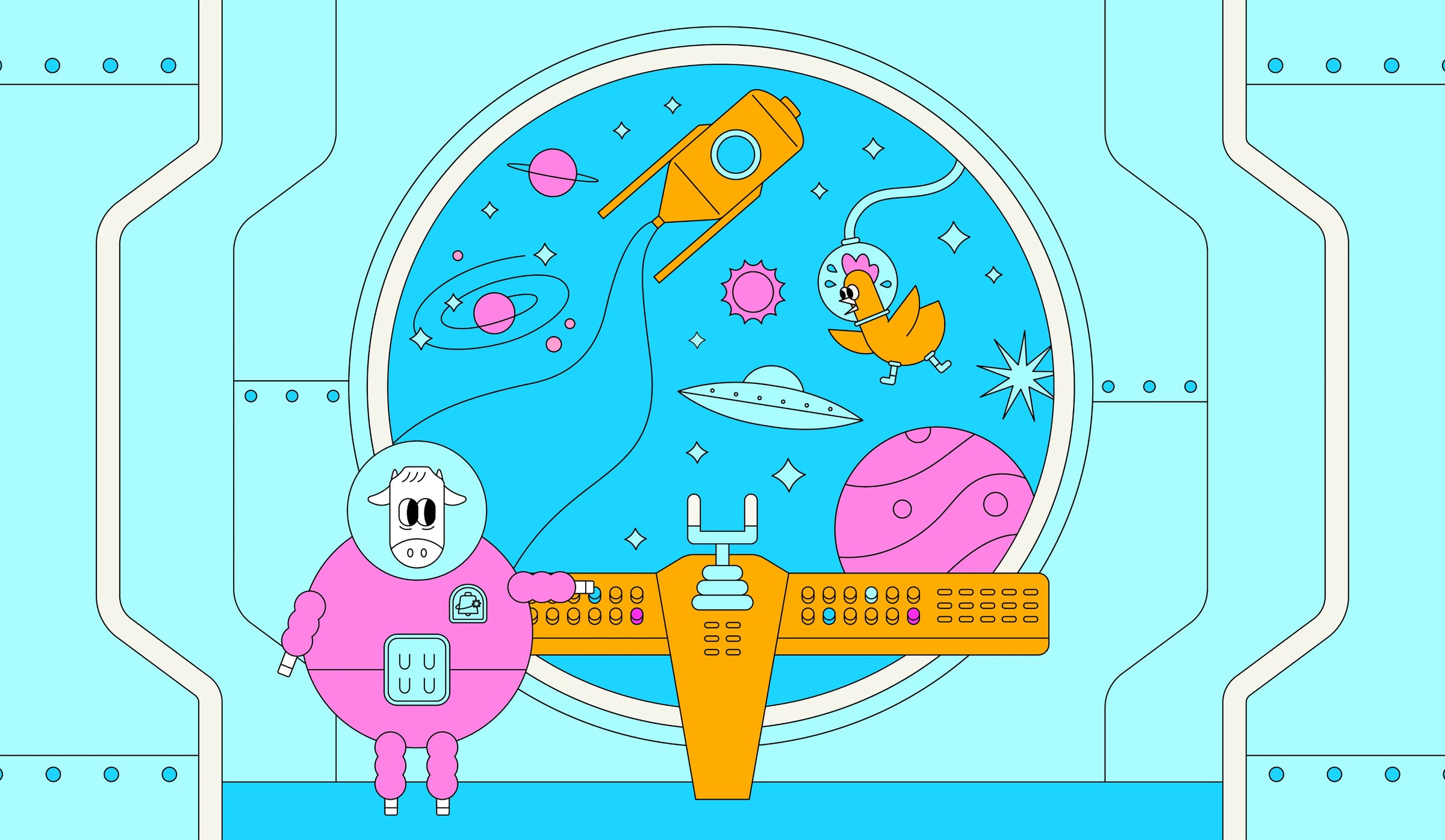Cartoon character in an astronaut suit on a space-themed background with planets and rockets.