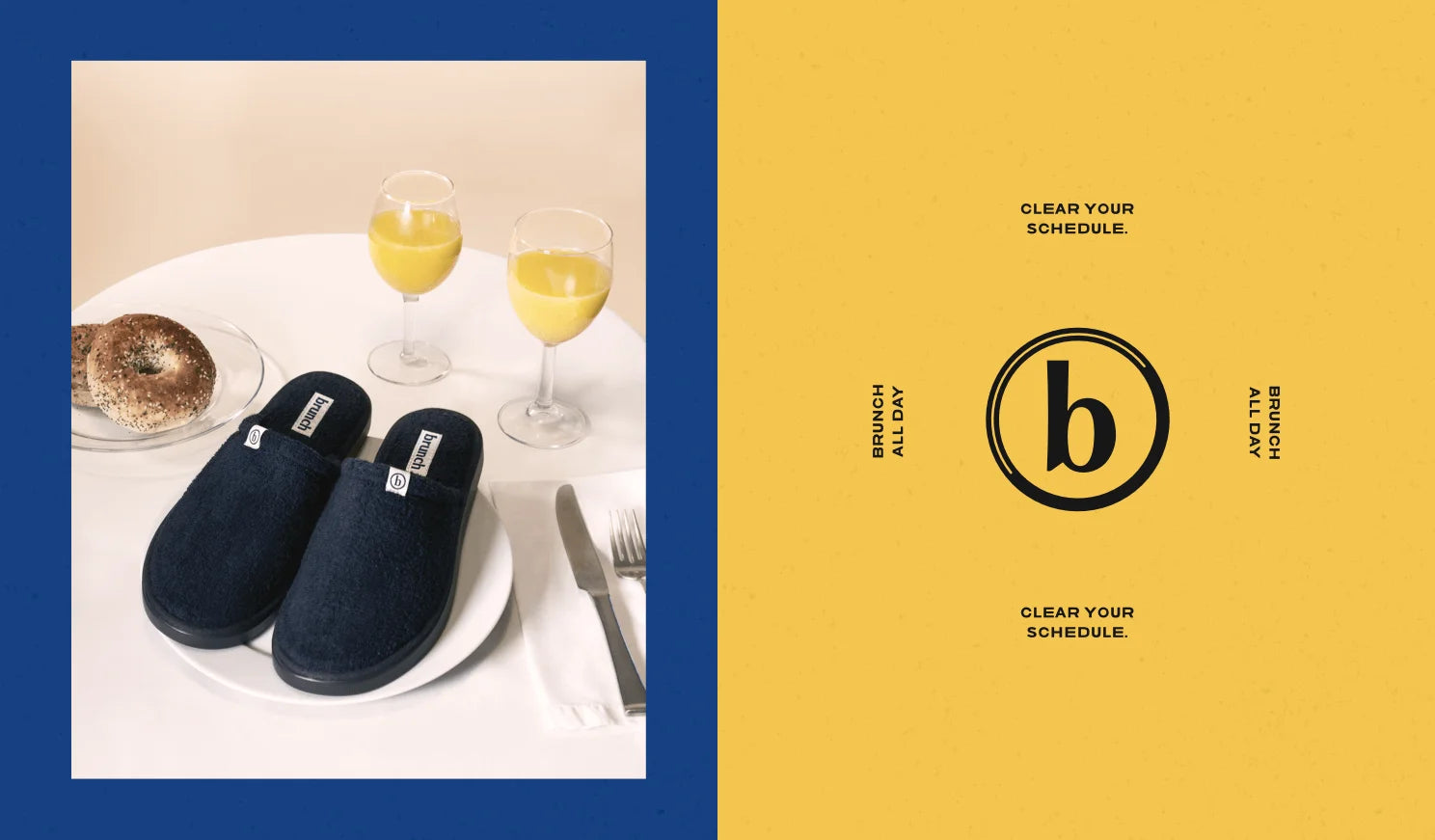 Navy slippers on a plate with a glass of orange juice, bagel, and knife on a white surface. Yellow background with 'b' logo and text.