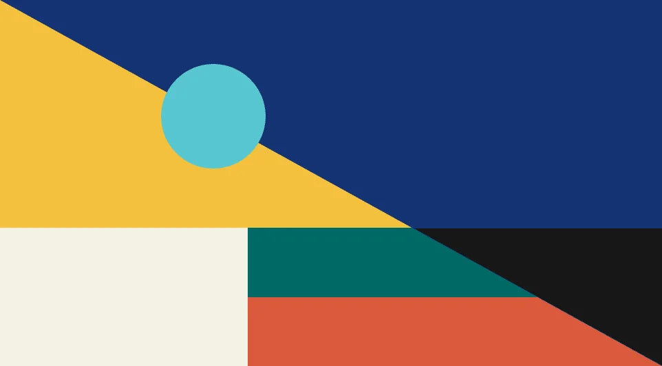 Geometric design with a blue circle on a yellow triangle, white square, and red trapezoid against a blue background.