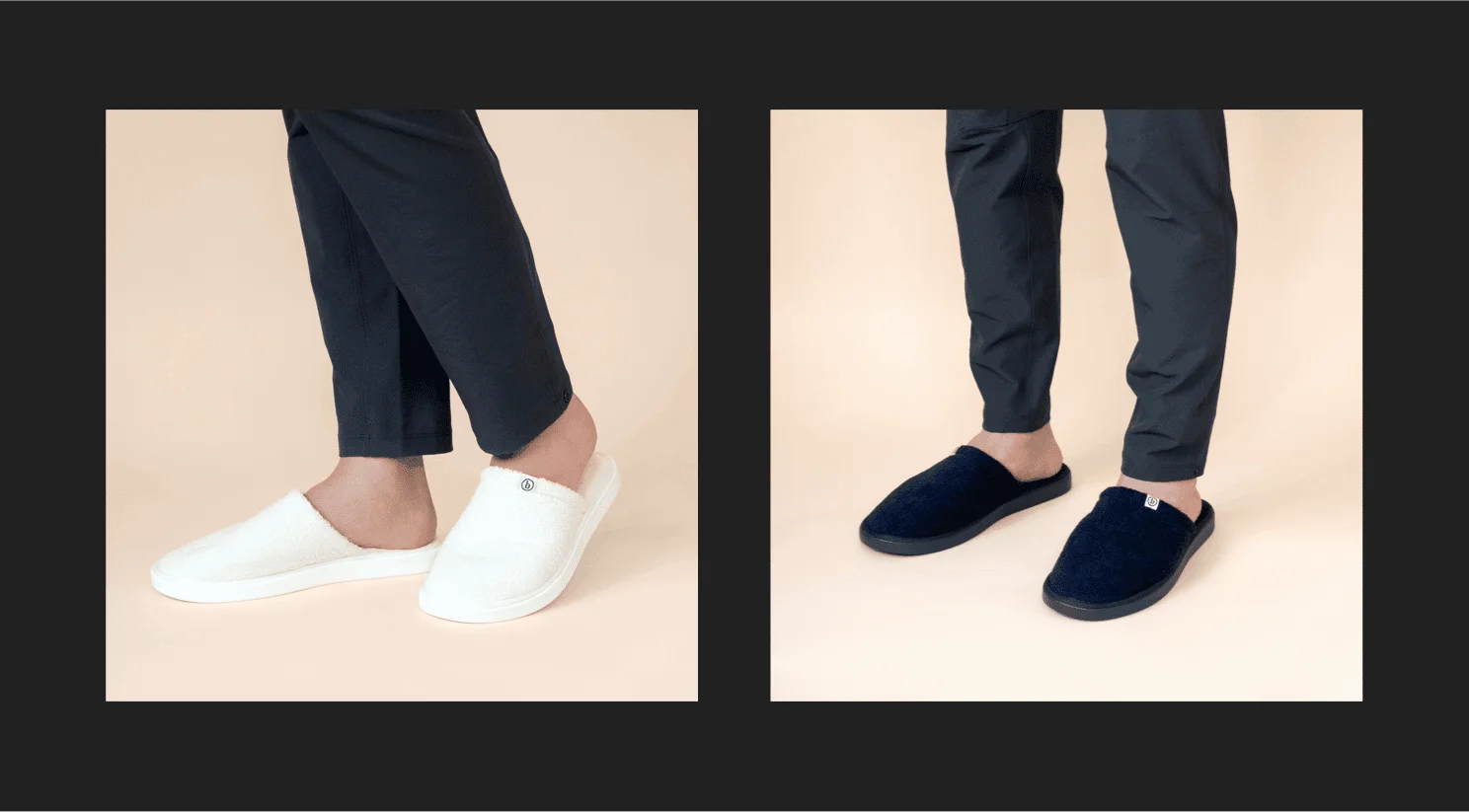 Two pairs of shoes worn with dark pants on a beige background