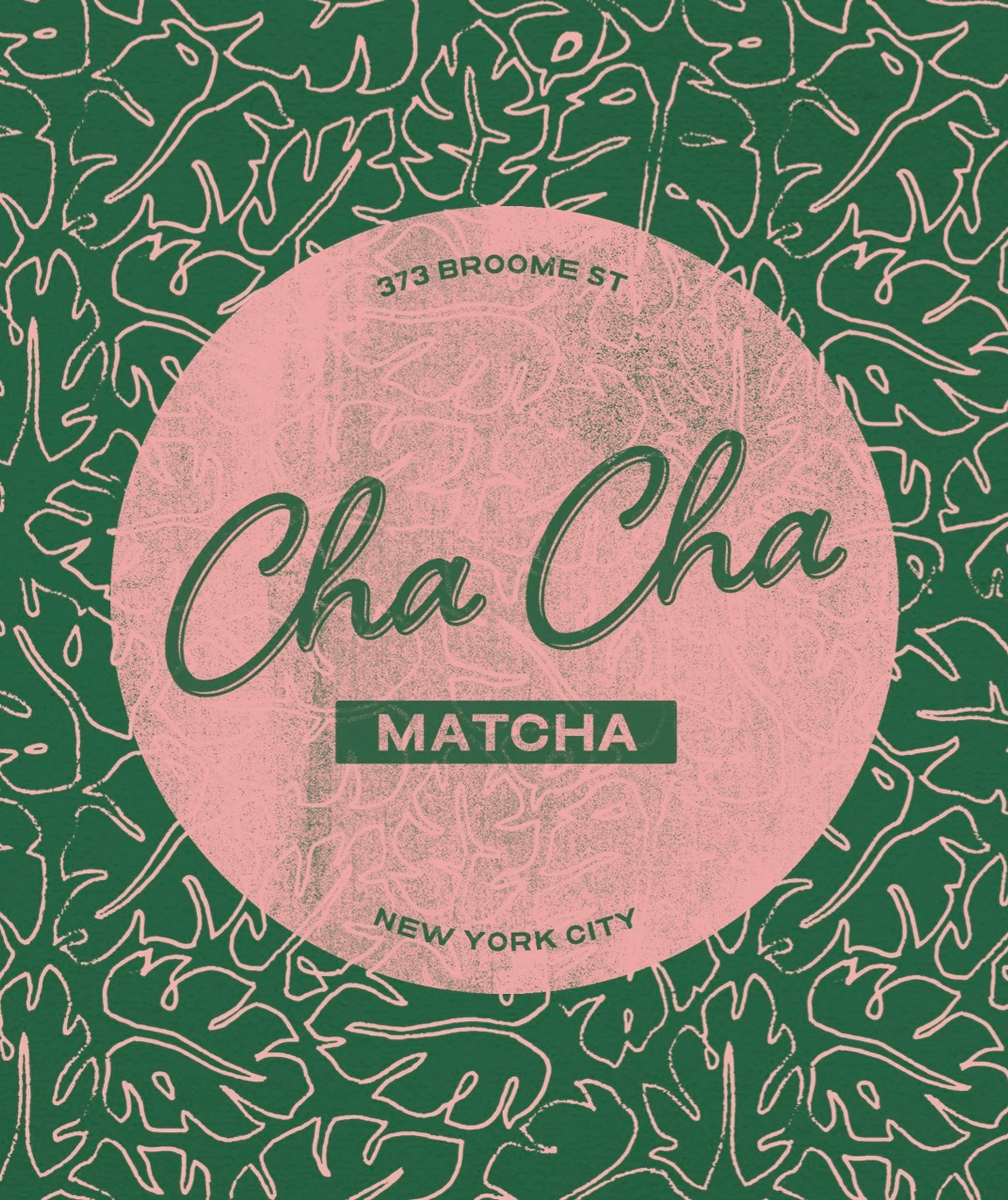 Matcha product packaging with 'Cha Cha' branding on a green leaf patterned background