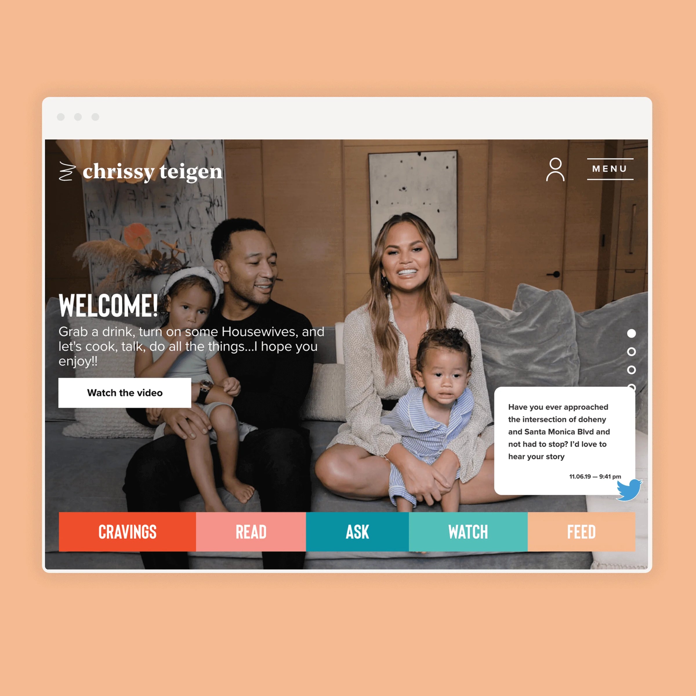Website interface with Chrissy Teigen and family on a peach background