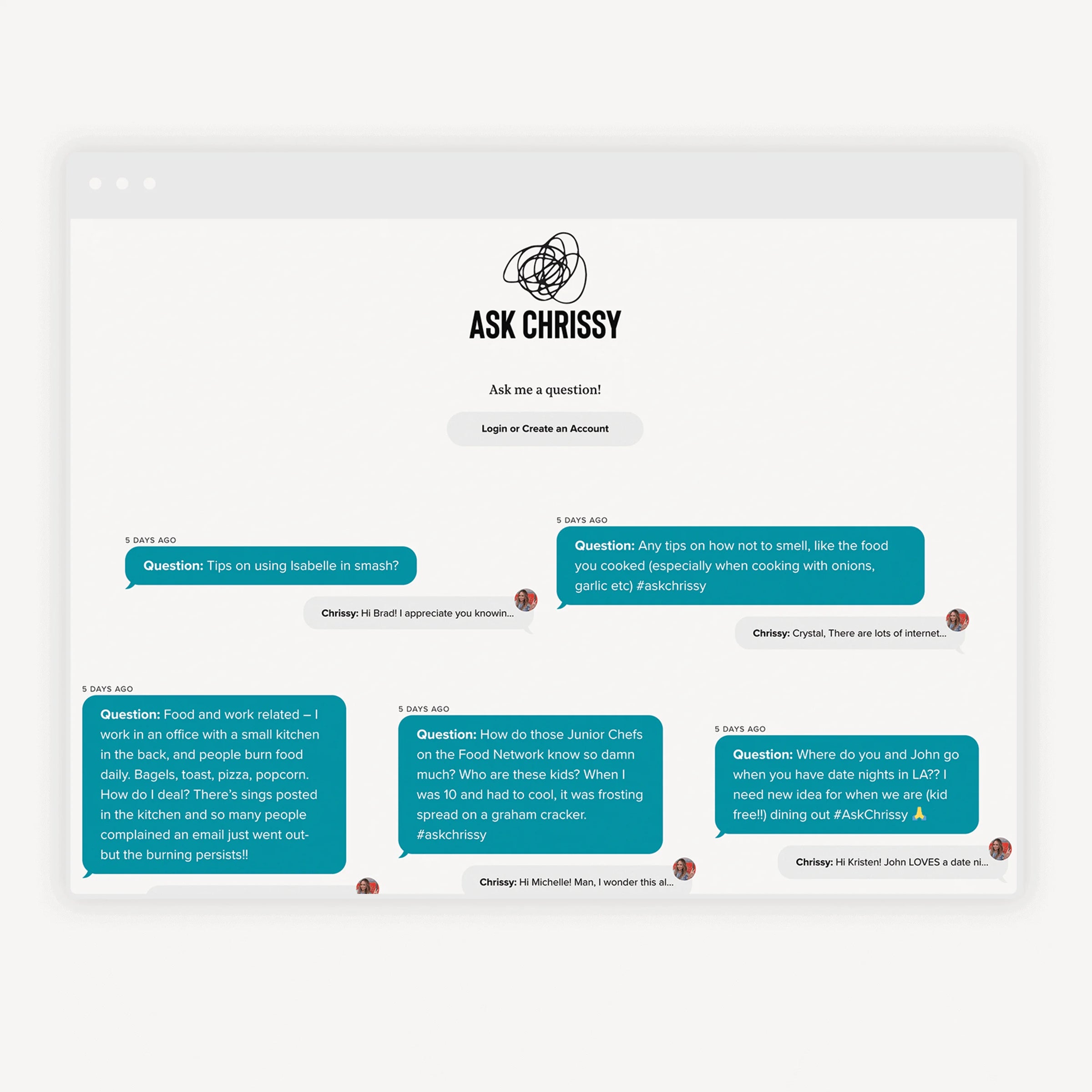 Website interface for 'Ask Chrissy' with user interactions and questions displayed.