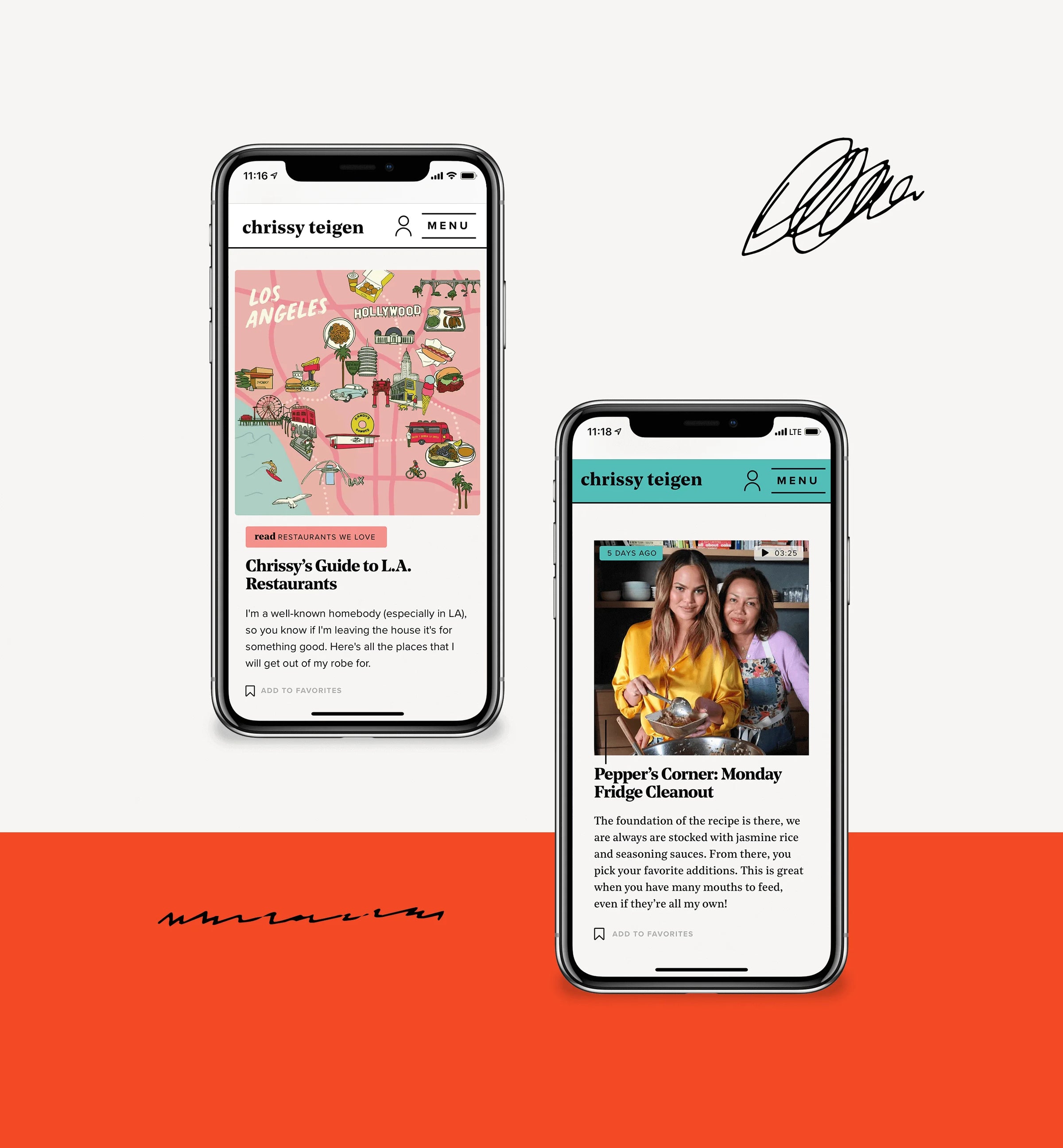 Two smartphones displaying a website on a white and orange background with a signature.