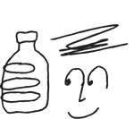 A hand-drawn black ink sketch on a white background, showing a simple bottle outline on the left and a face with wide eyes and a smile on the right.