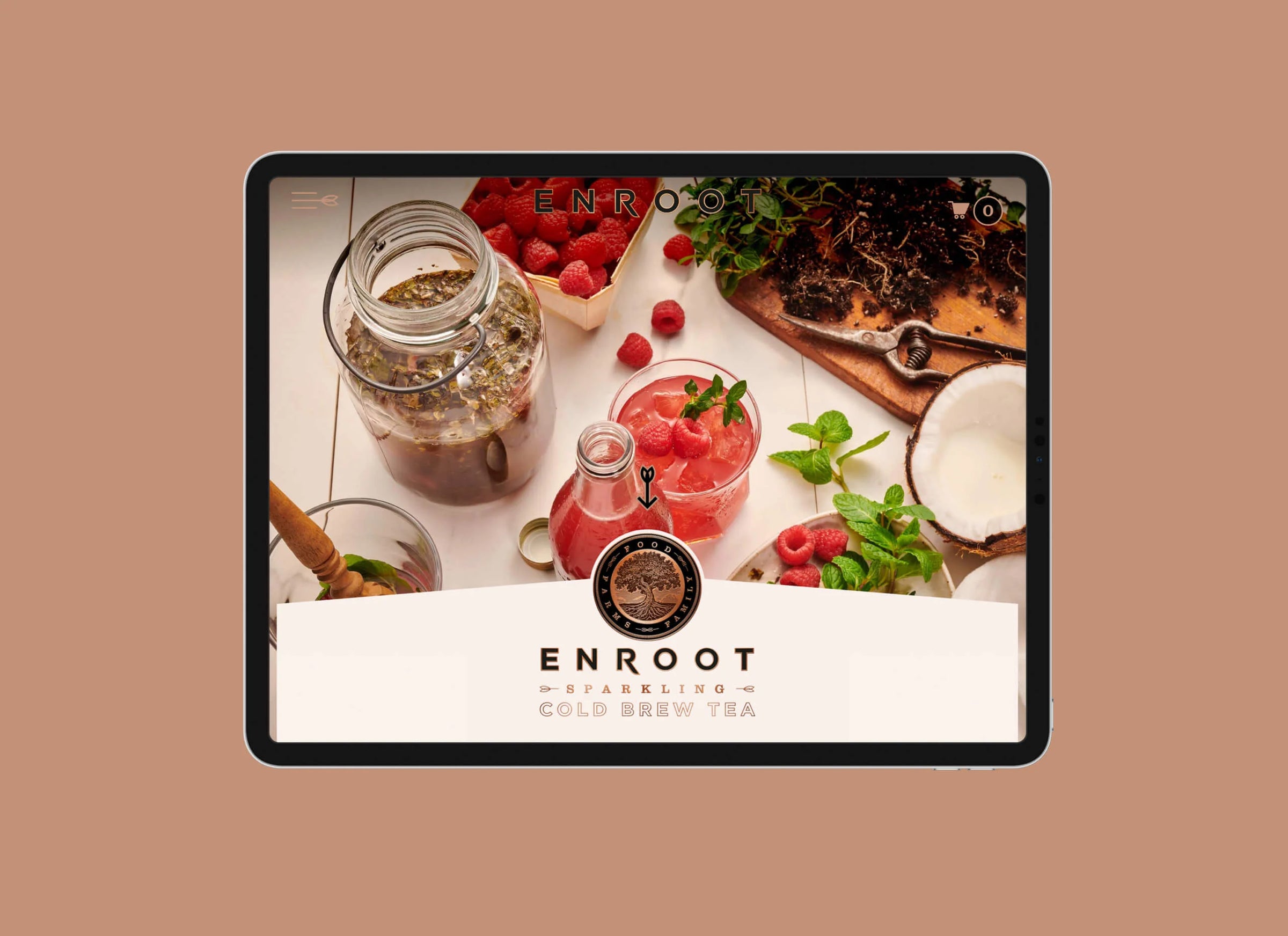 Tablet displaying a product image with 'ENROOT' branding on a brown background