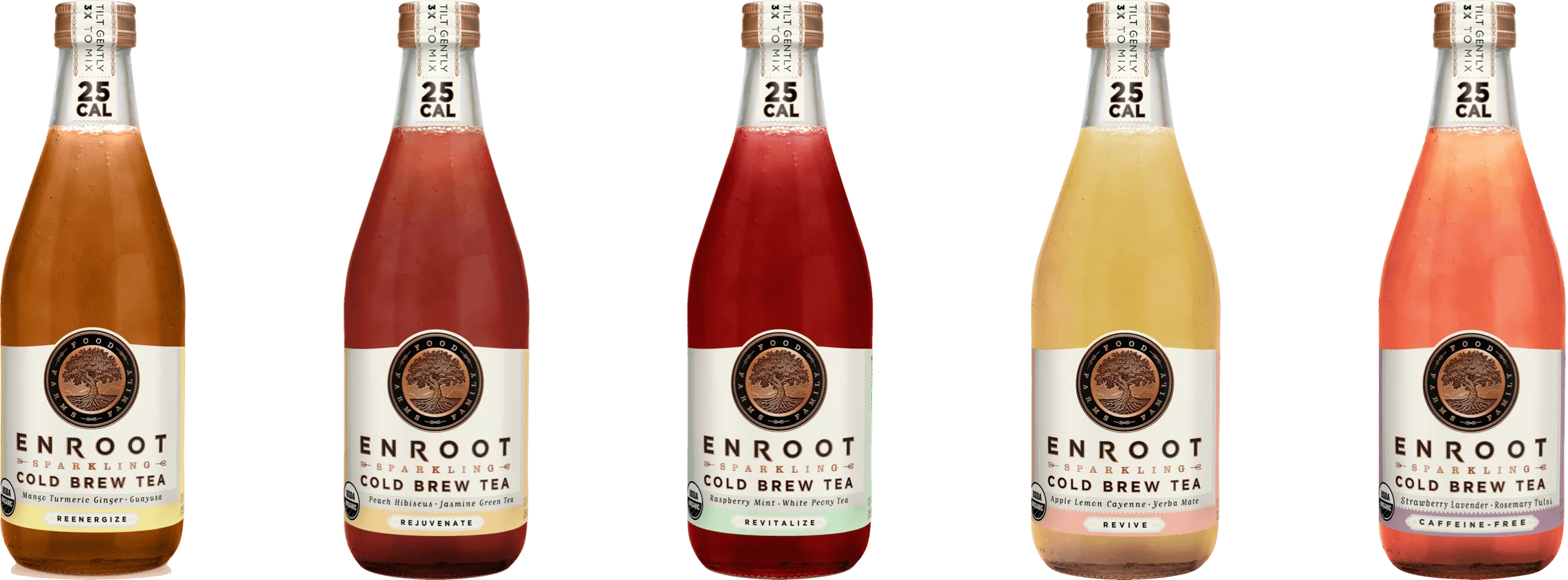 Five bottles of Enroot cold brew tea in different flavors on a white background