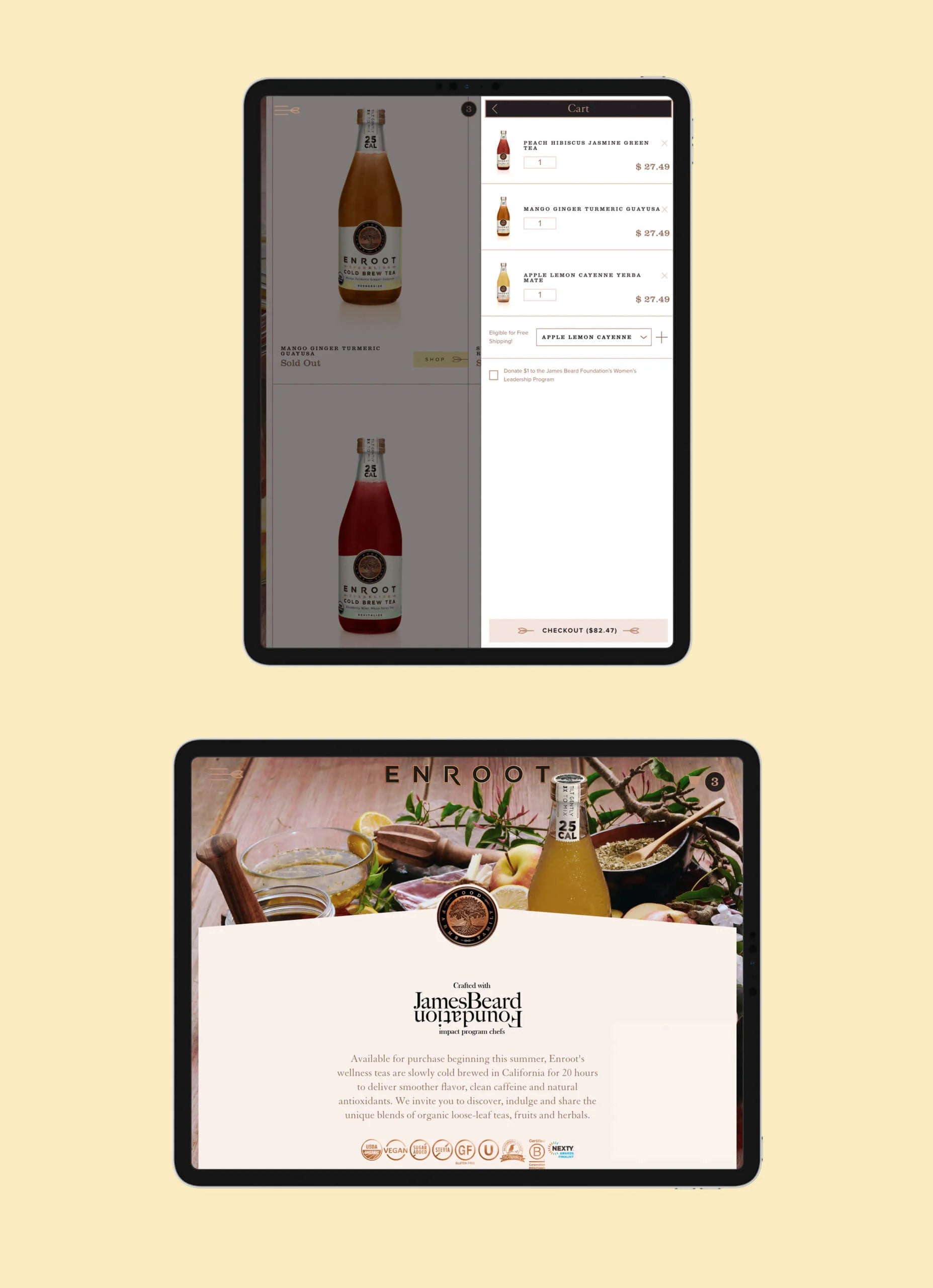 Two tablets displaying different screens on a beige background