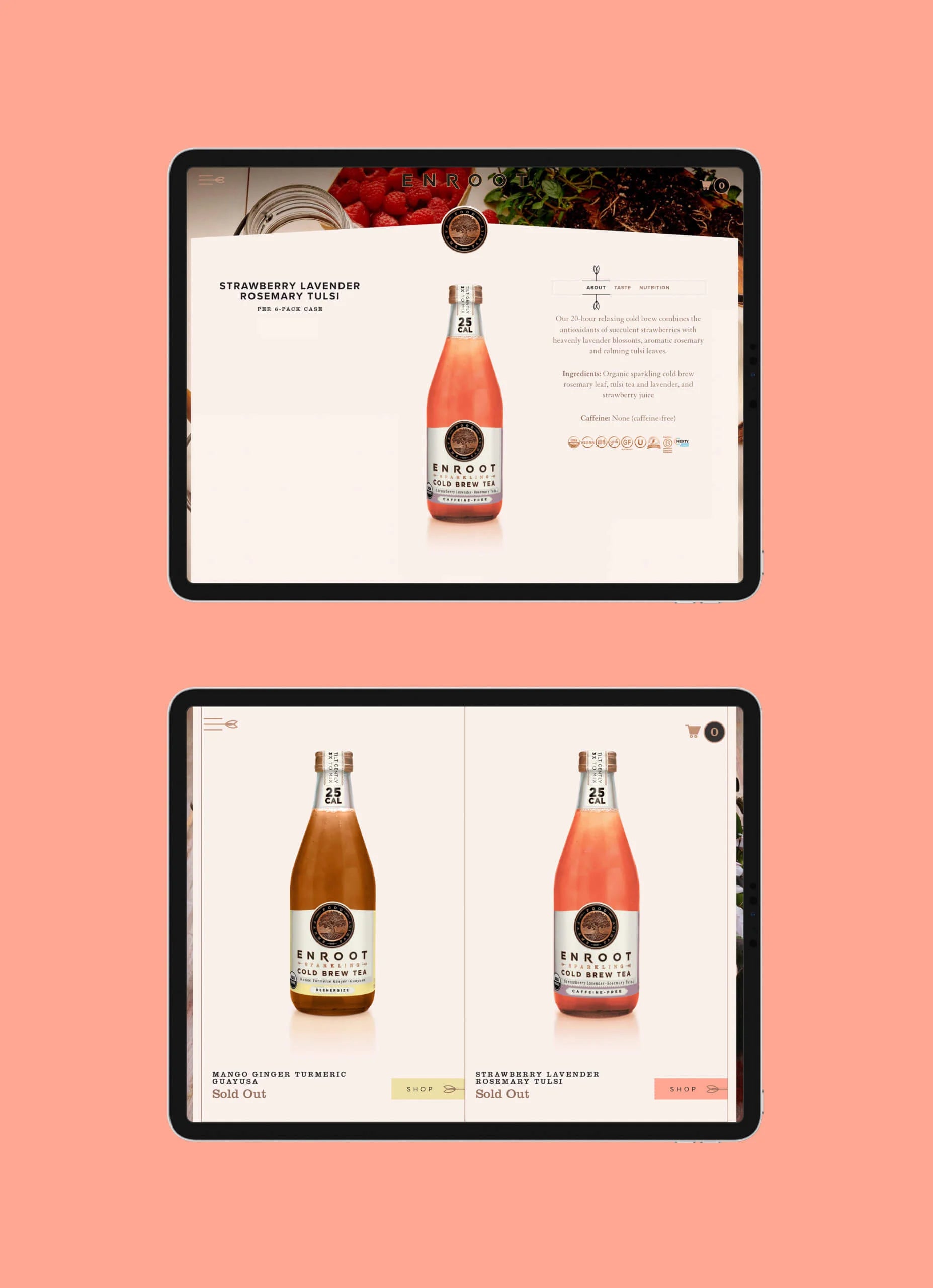 Two tablets displaying a product page with a bottle on a peach background