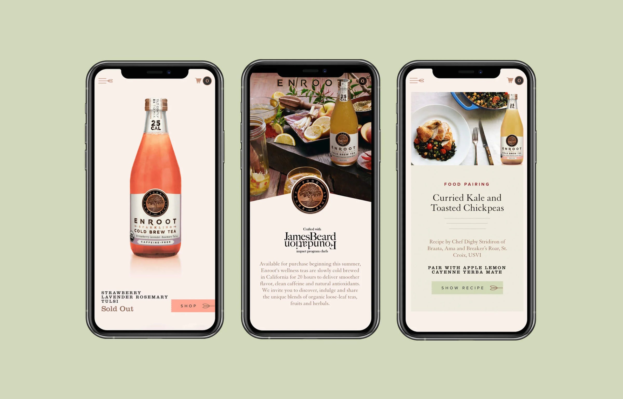 Three smartphones displaying different screens with brand images on a light green background