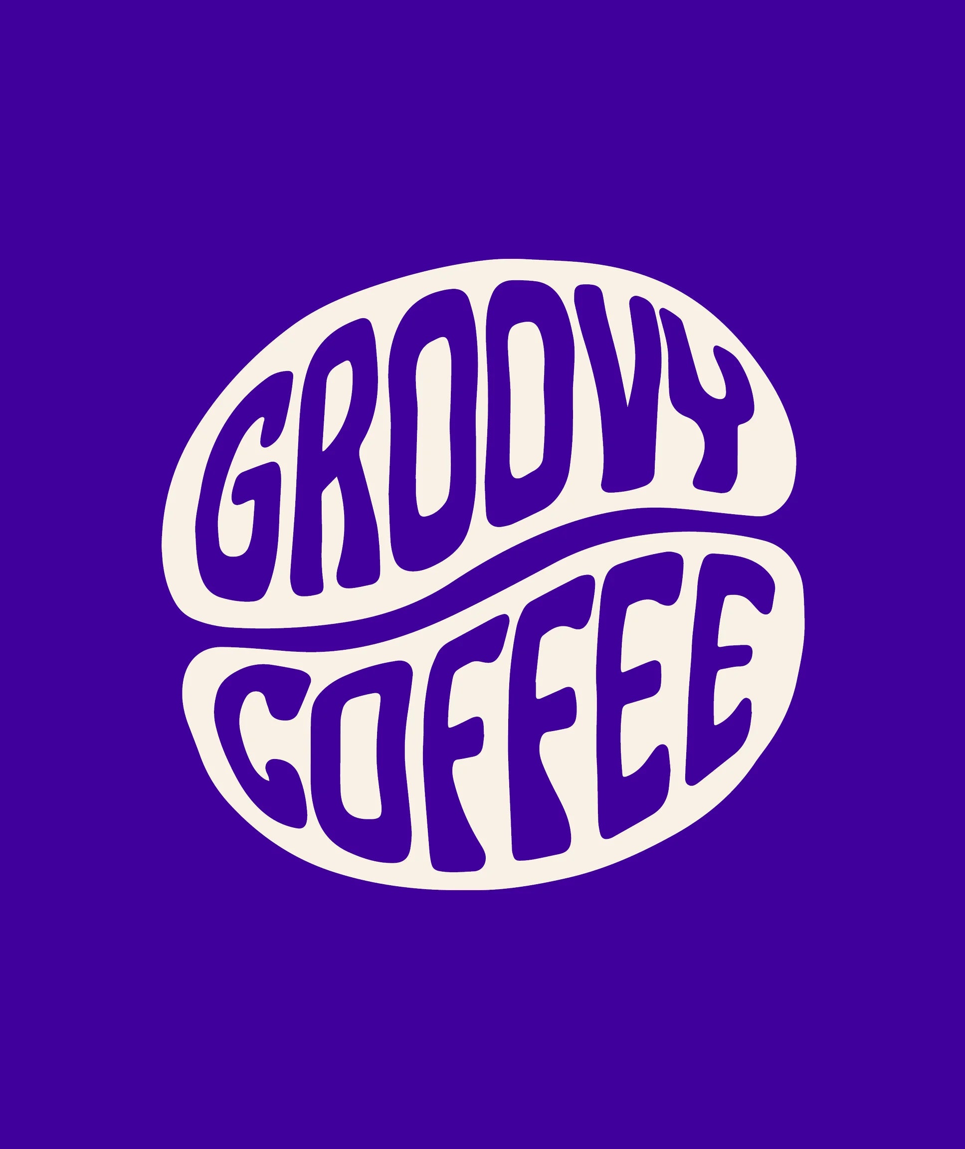 Groovy Coffee logo with purple text on a blue background