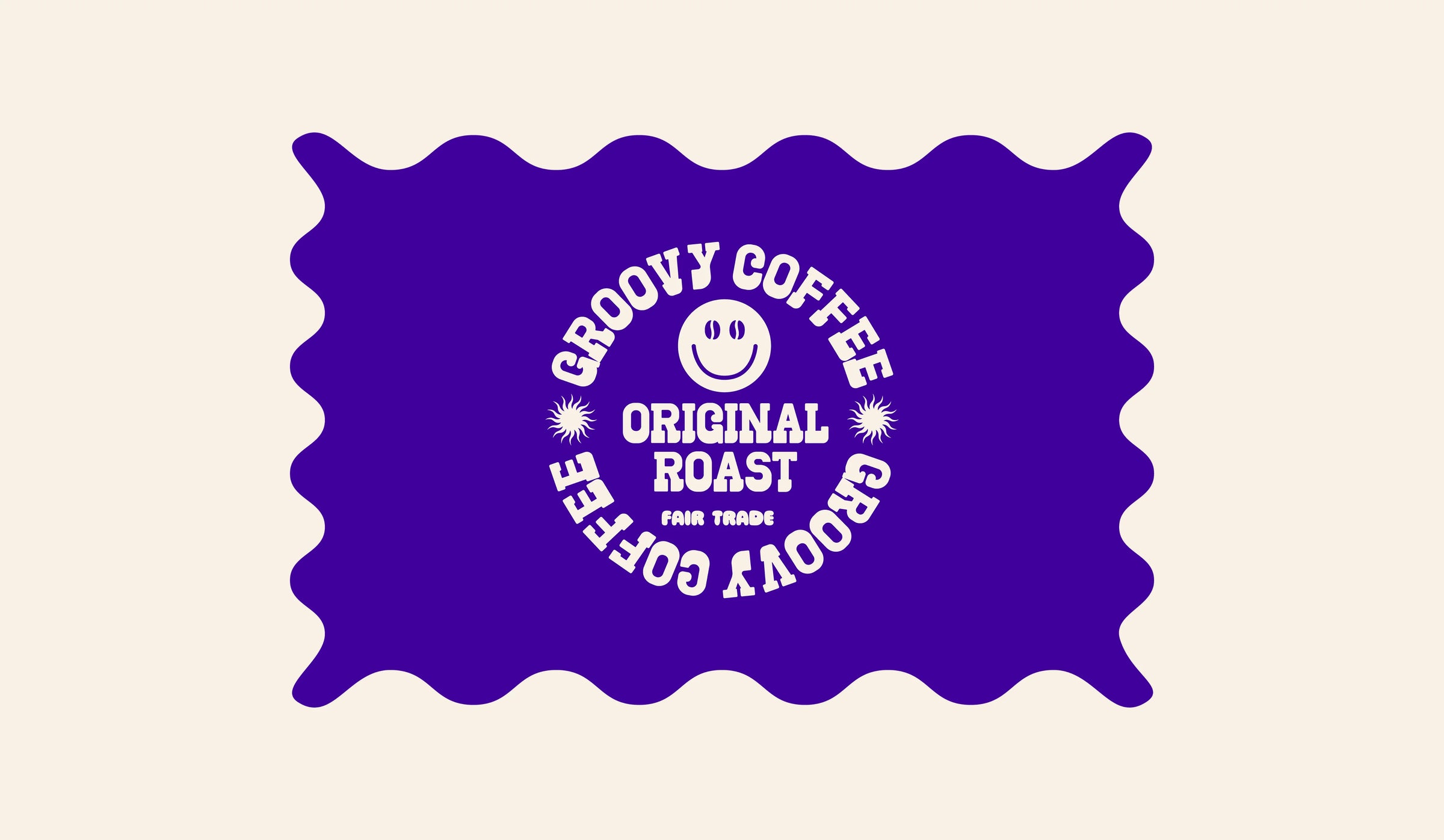 Groovy Coffee logo with a smiley face on a purple background
