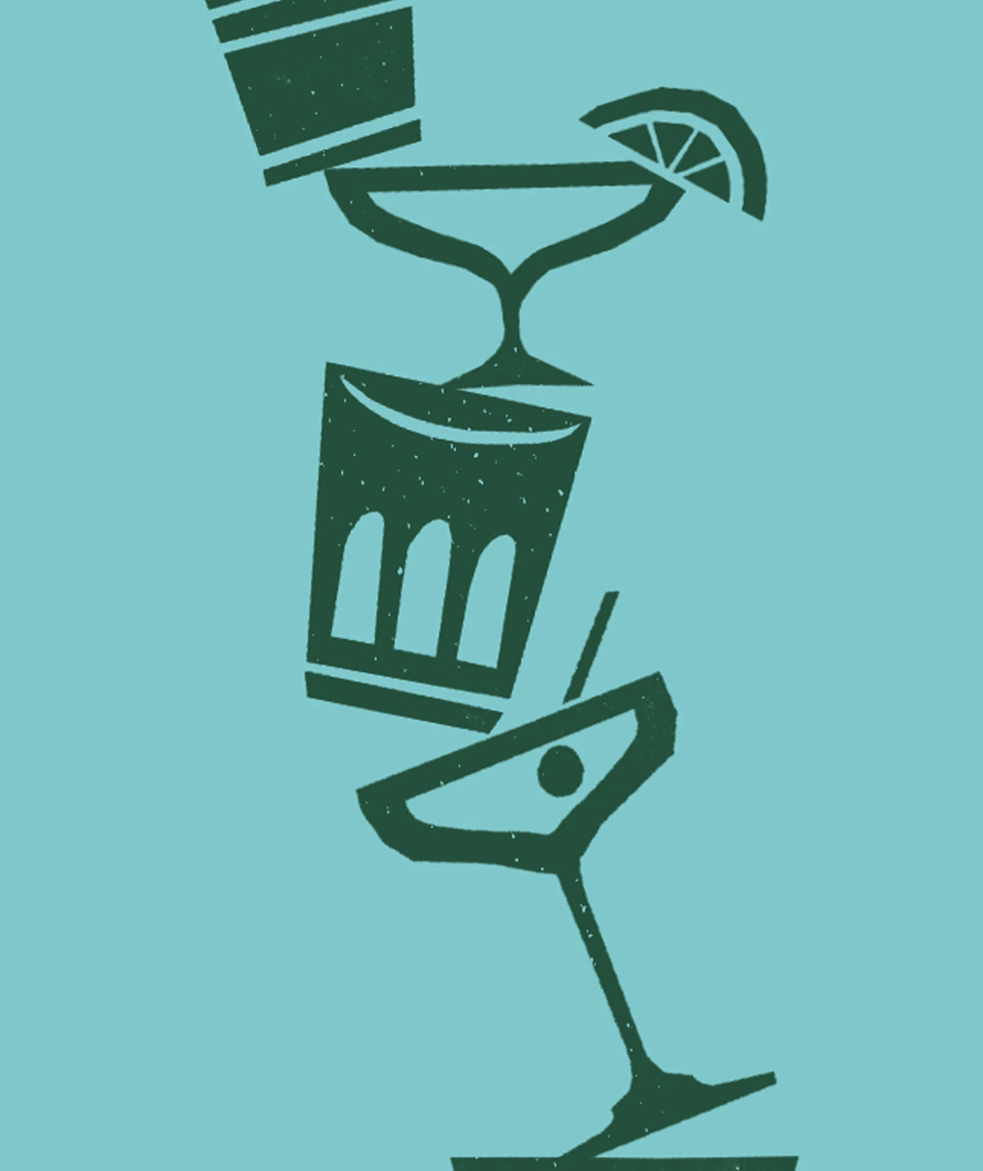 Illustration of a cocktail glass with a lime wedge on a teal background