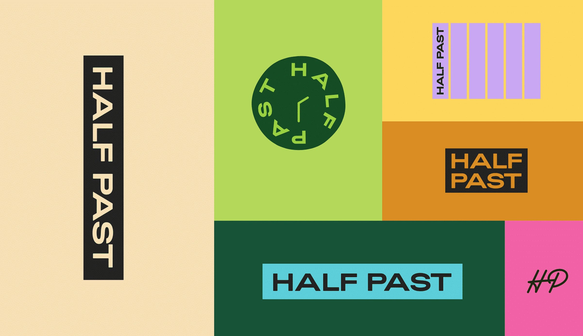 Colorful design with 'Half Past' branding on a beige background