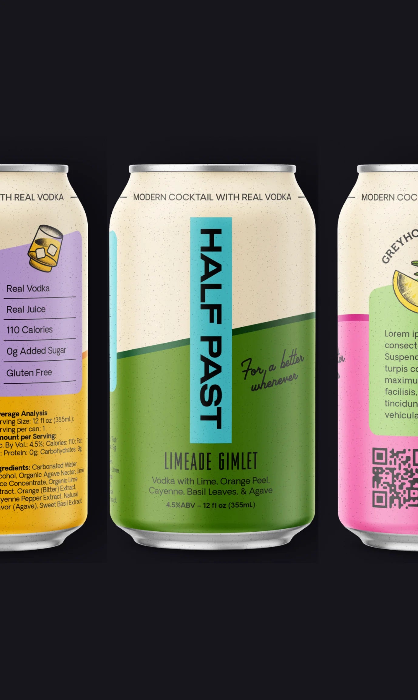 Three cans of Half Past drinks on a black background
