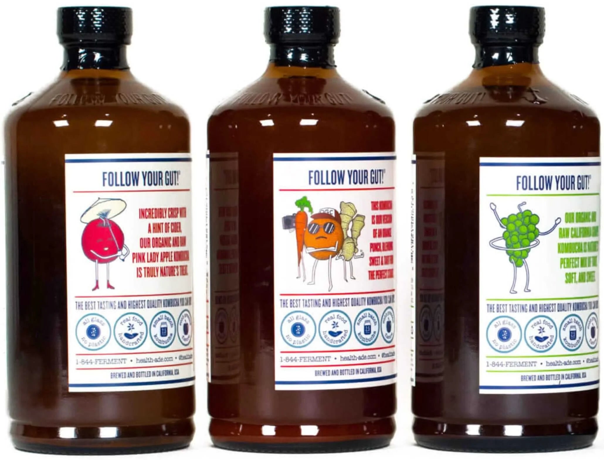 Three bottles of a product with colorful labels on a white background