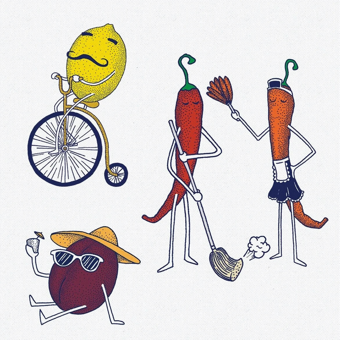Cartoon characters of a lemon, chili pepper, carrot, plum, and broomstick on a white background.