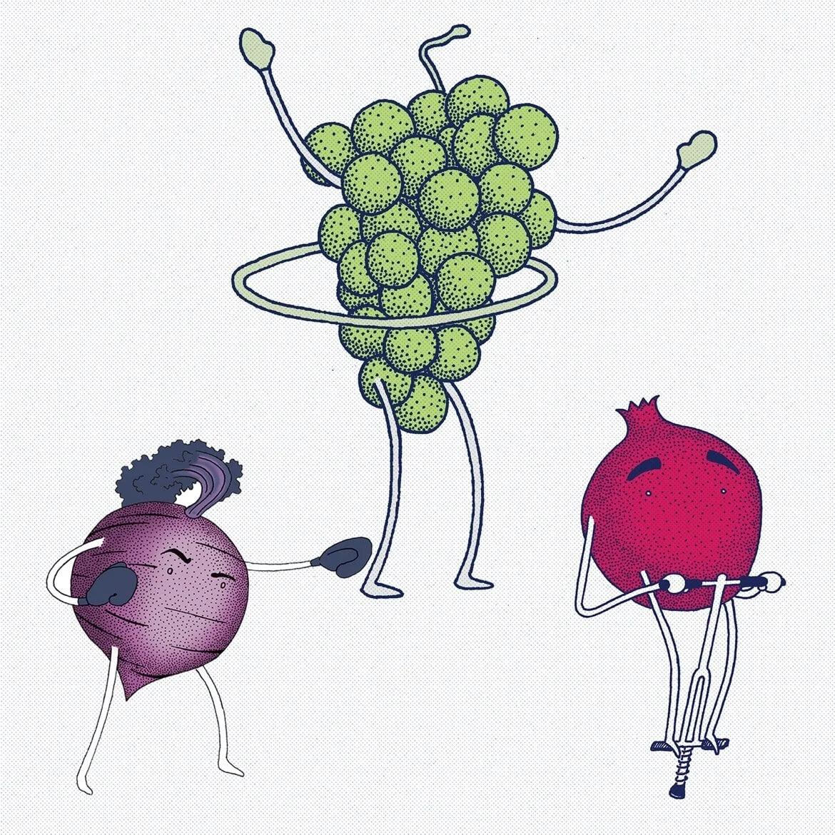 Cartoon-style illustration of a bunch of grapes and two radishes on a light purple background