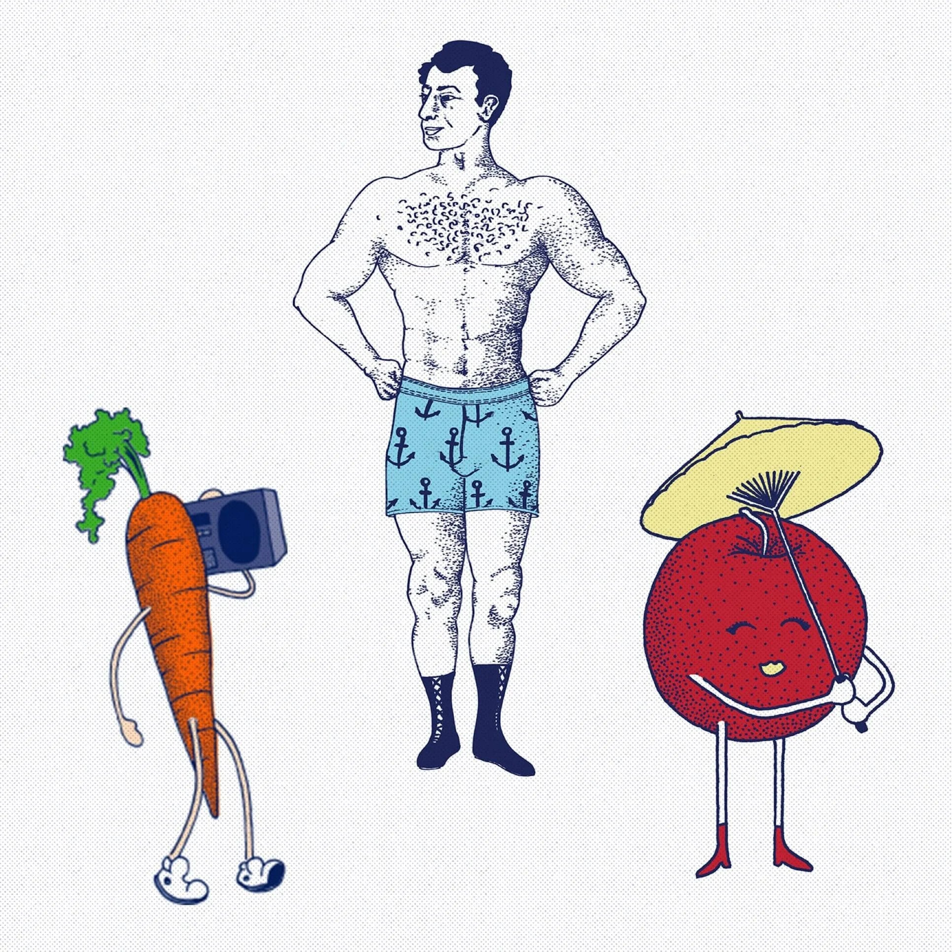 Illustration of a shirtless man in blue shorts with cartoon carrots and a tomato character on a light background
