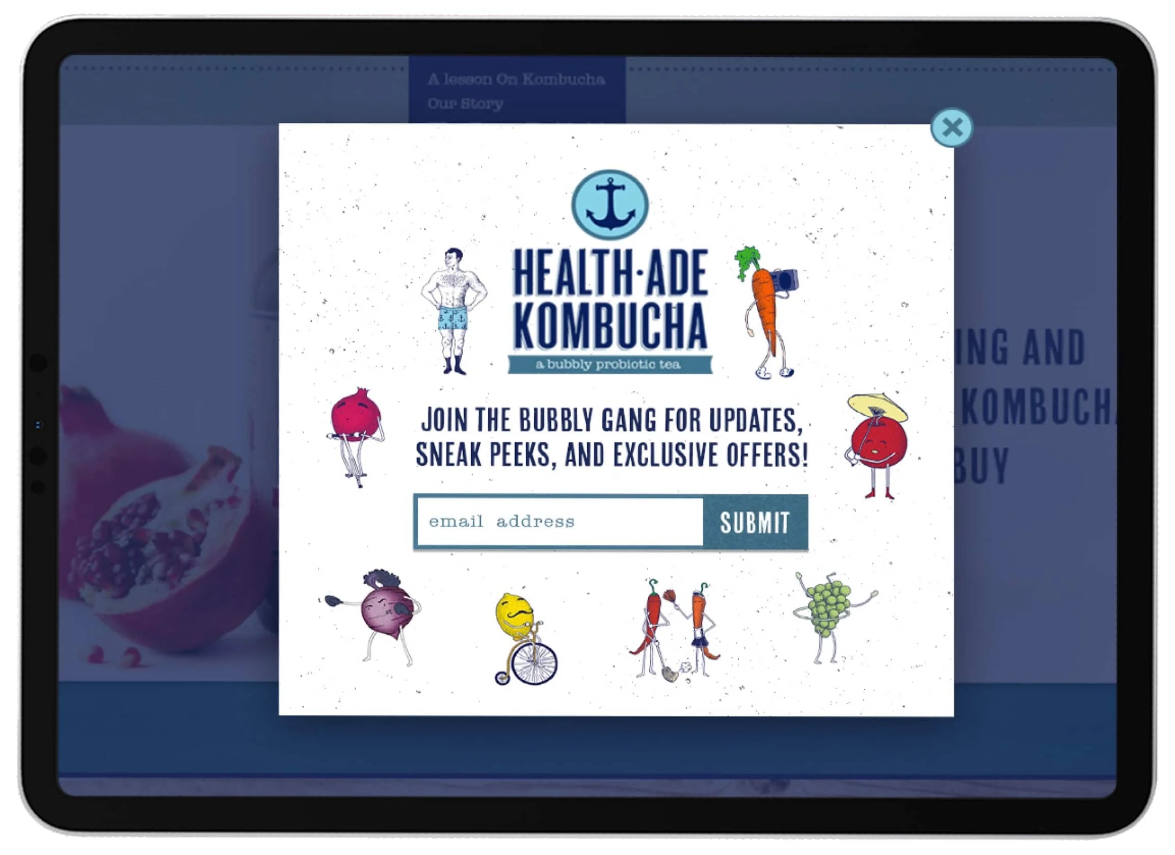 Health-Ade Kombucha promotional email signup page on a tablet screen