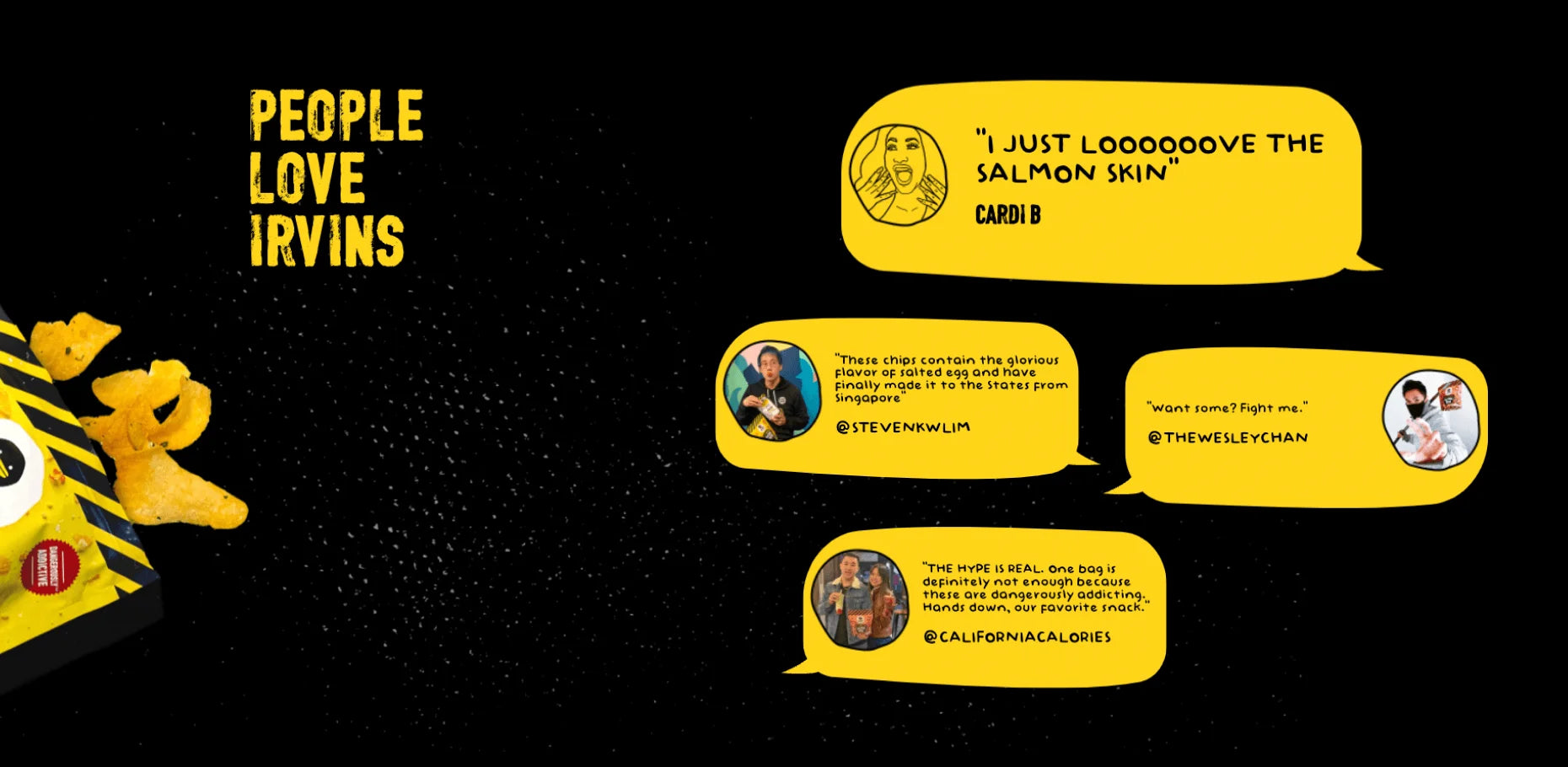 Promotional graphic with yellow text and graphics on a black background, featuring the brand 'People Love Irvin'.