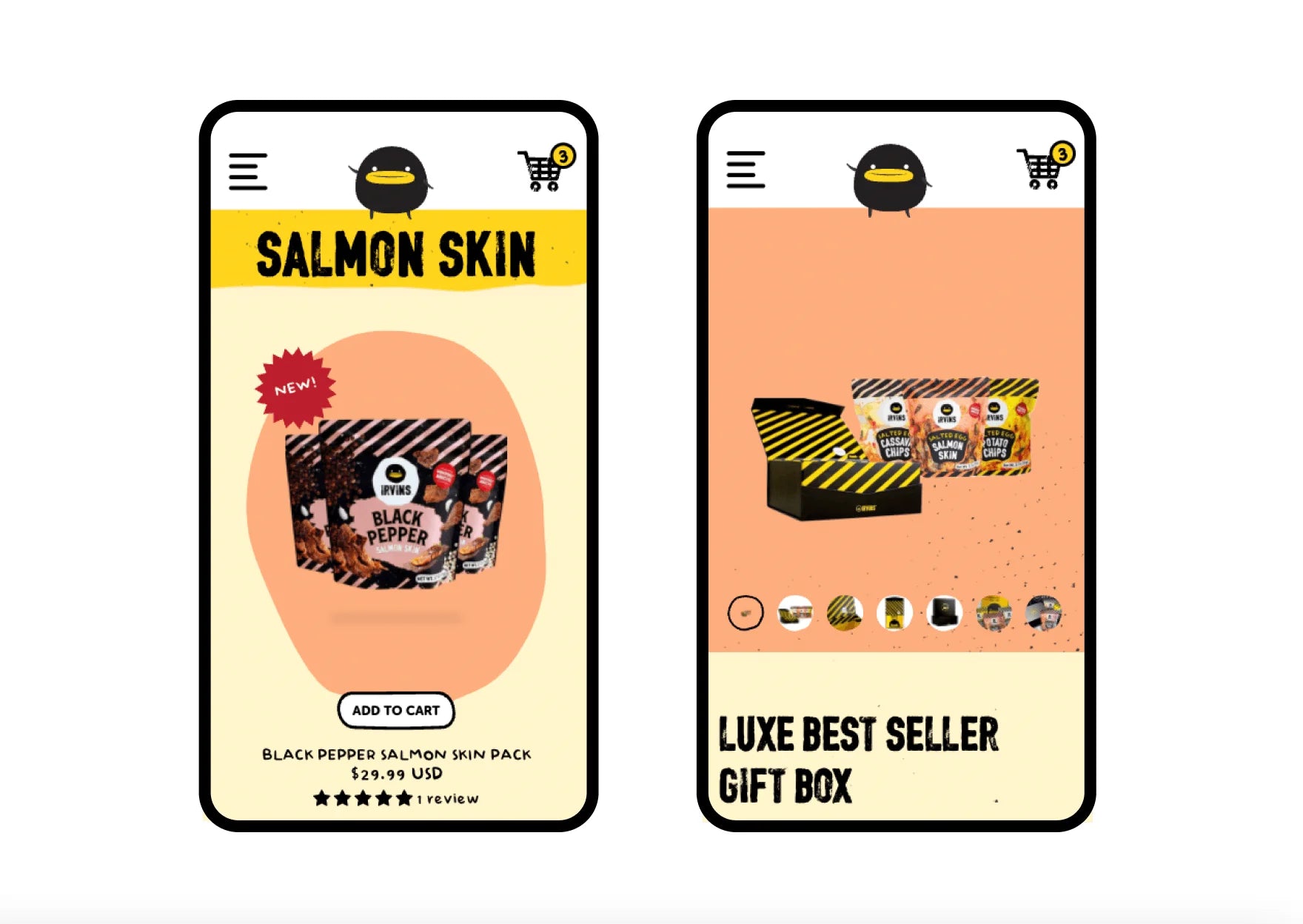 Two smartphone screens displaying product packaging with salmon skin and black pepper labels.