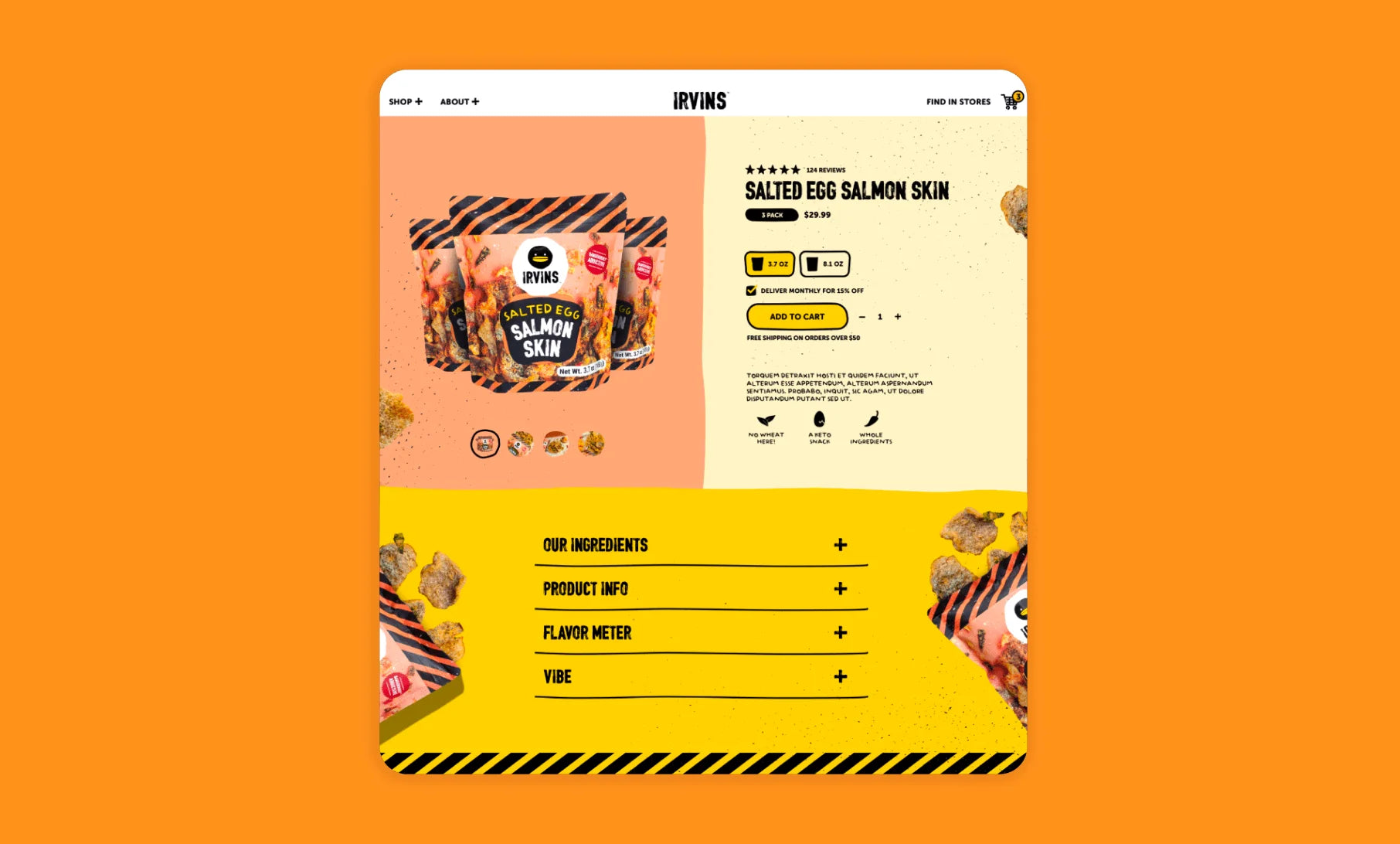 Website page for Irvin's Salted Egg Salmon Skin on an orange background