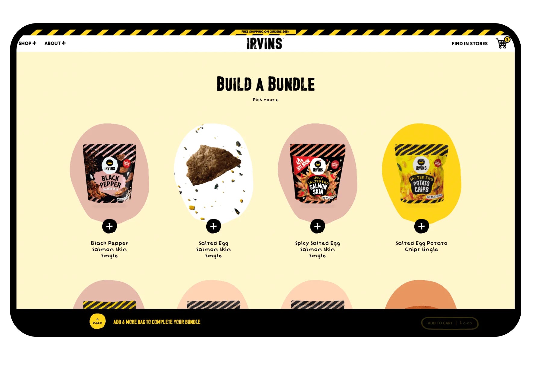 Website interface for 'Irvin's' with product options to 'Build a Bundle'.