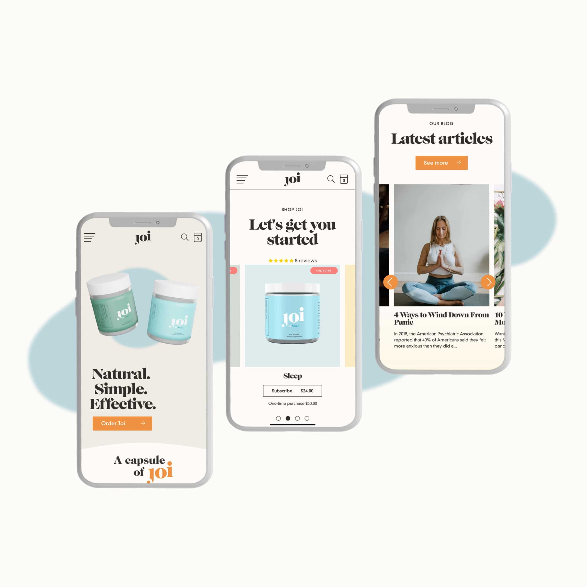 Three smartphone screens displaying a website with a product and text on a white background