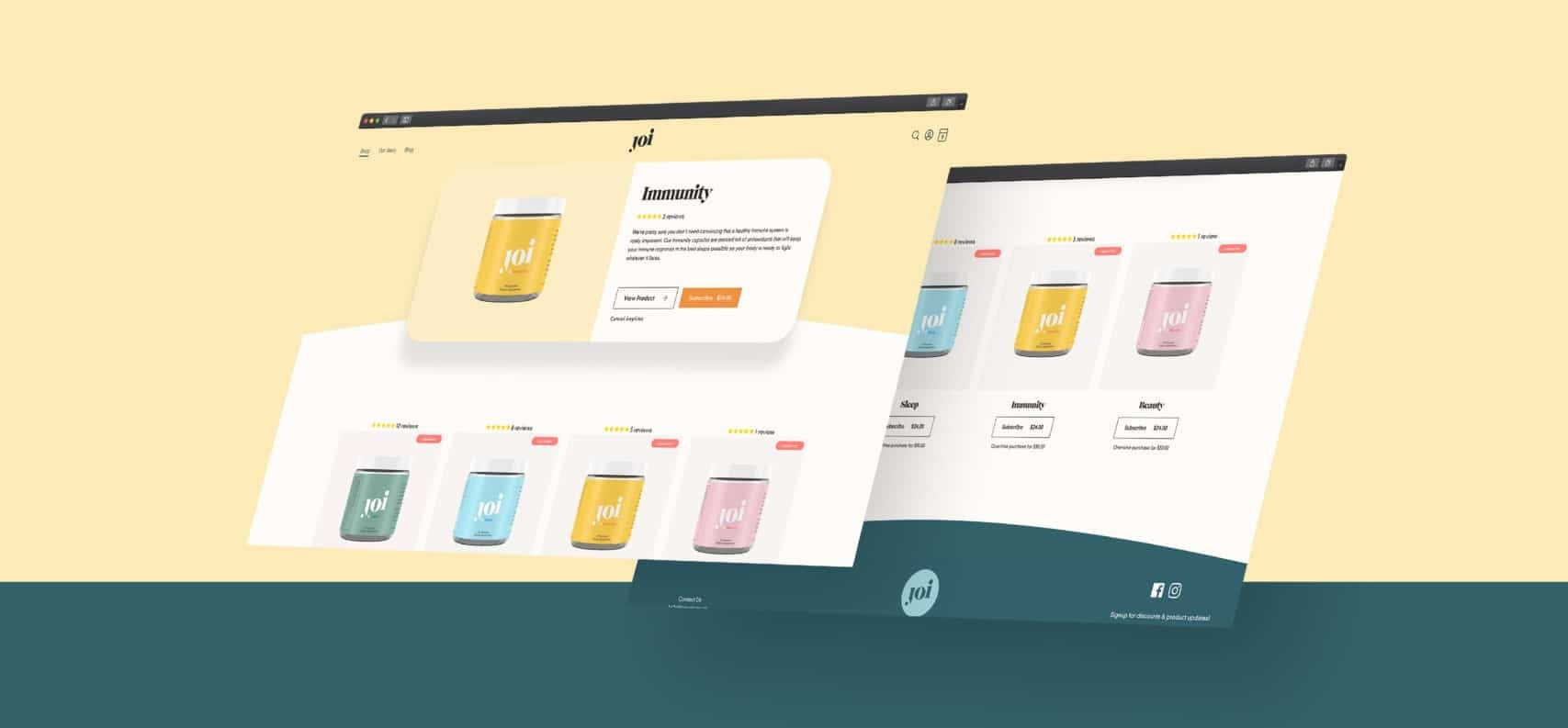 Two computer screens displaying a product catalog on a yellow and blue gradient background
