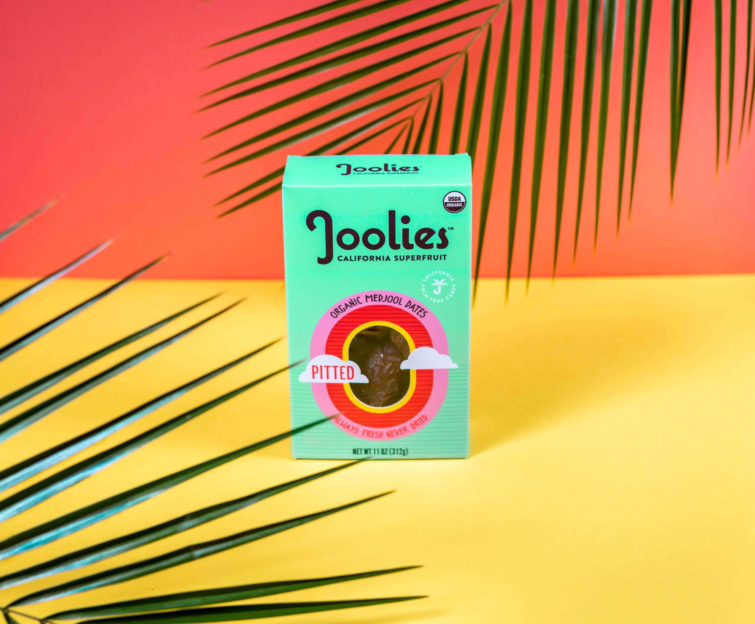 Joolies organic mesocarp berry box on a colorful background with palm leaves