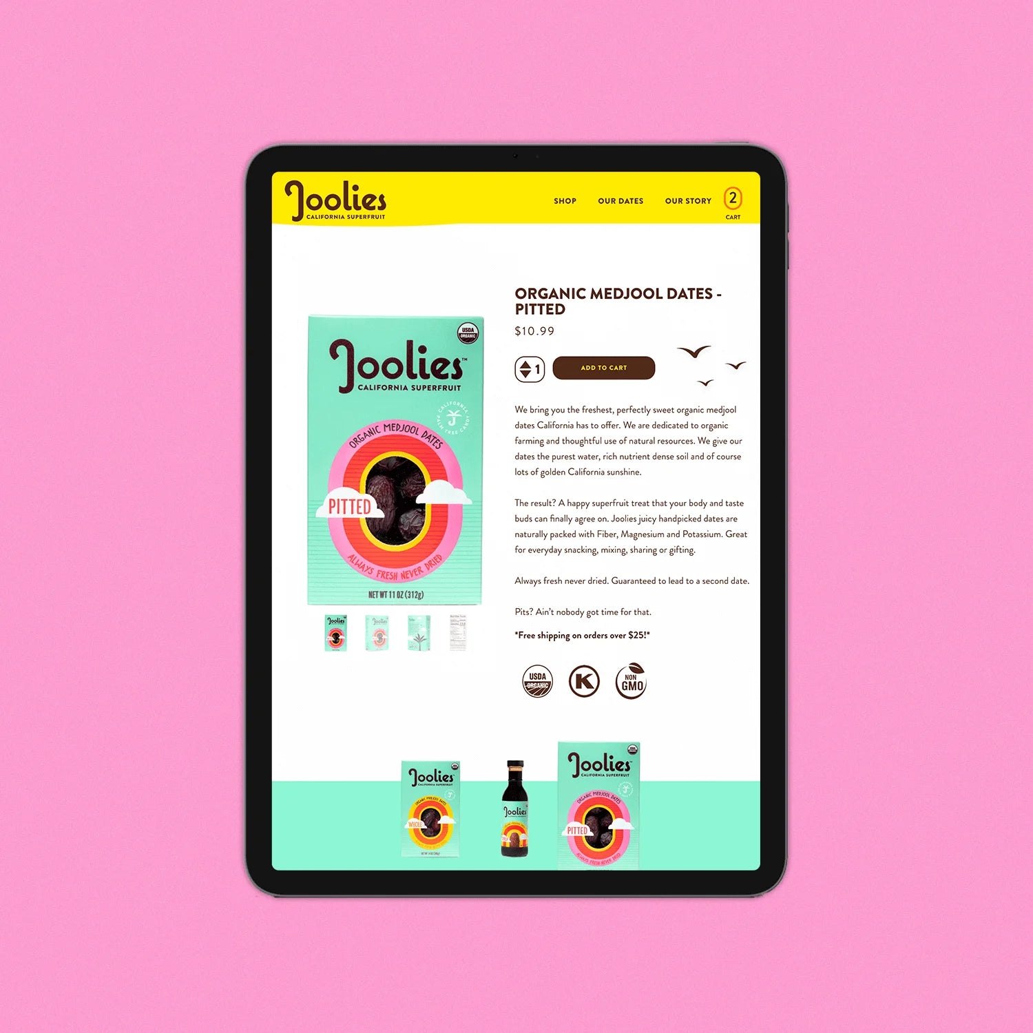 Tablet displaying the Joolies website on a pink background
