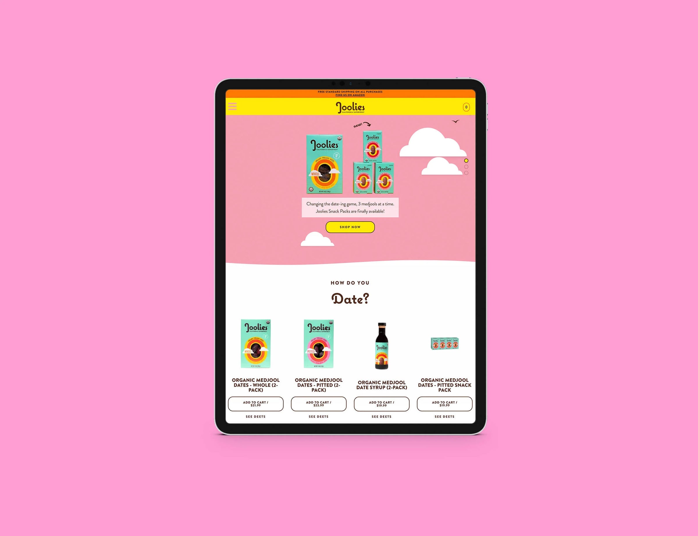 Tablet displaying a Joulies product page on a pink background
