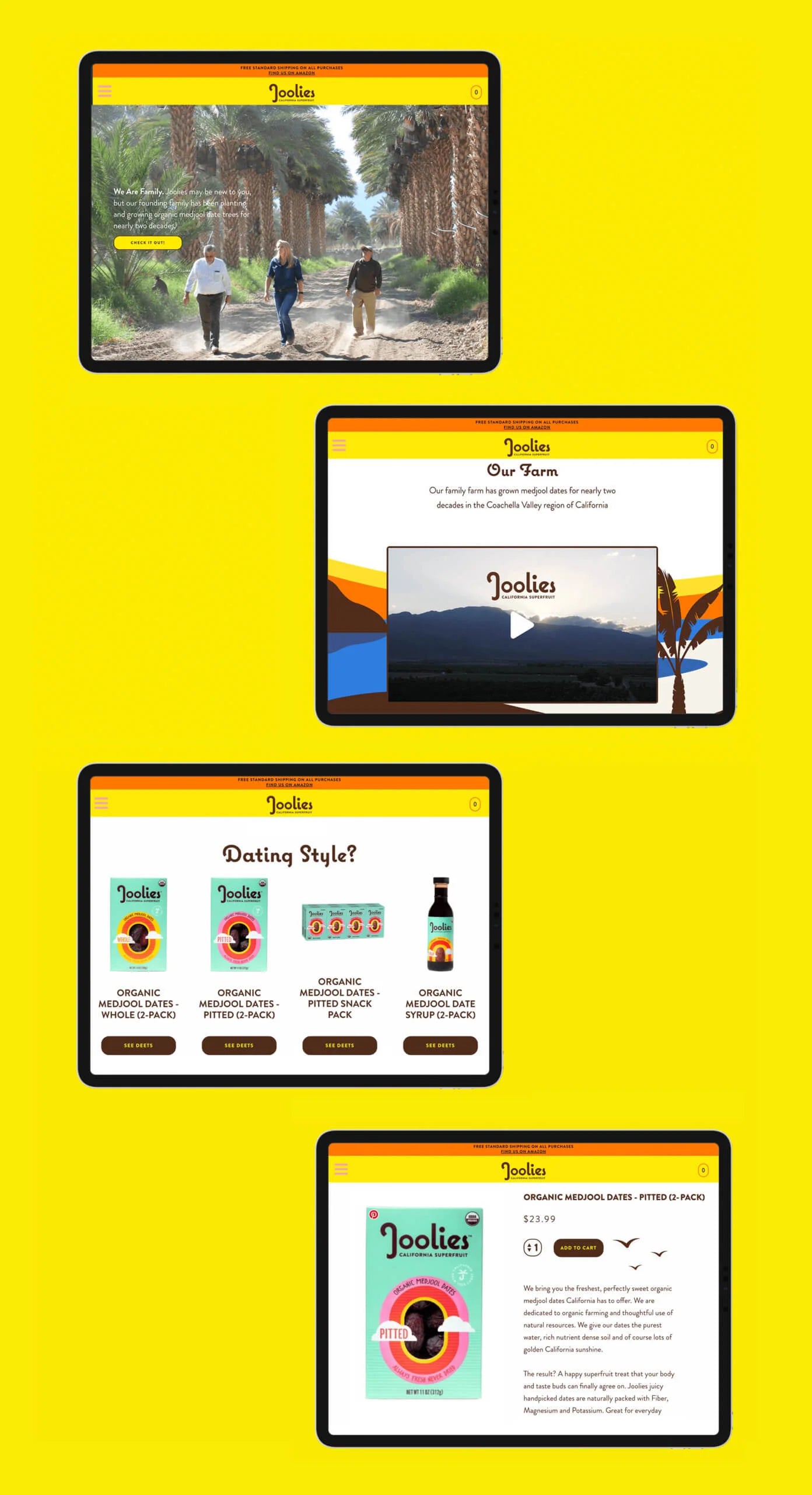 Four smartphone screens displaying different Joolies product pages on a yellow background