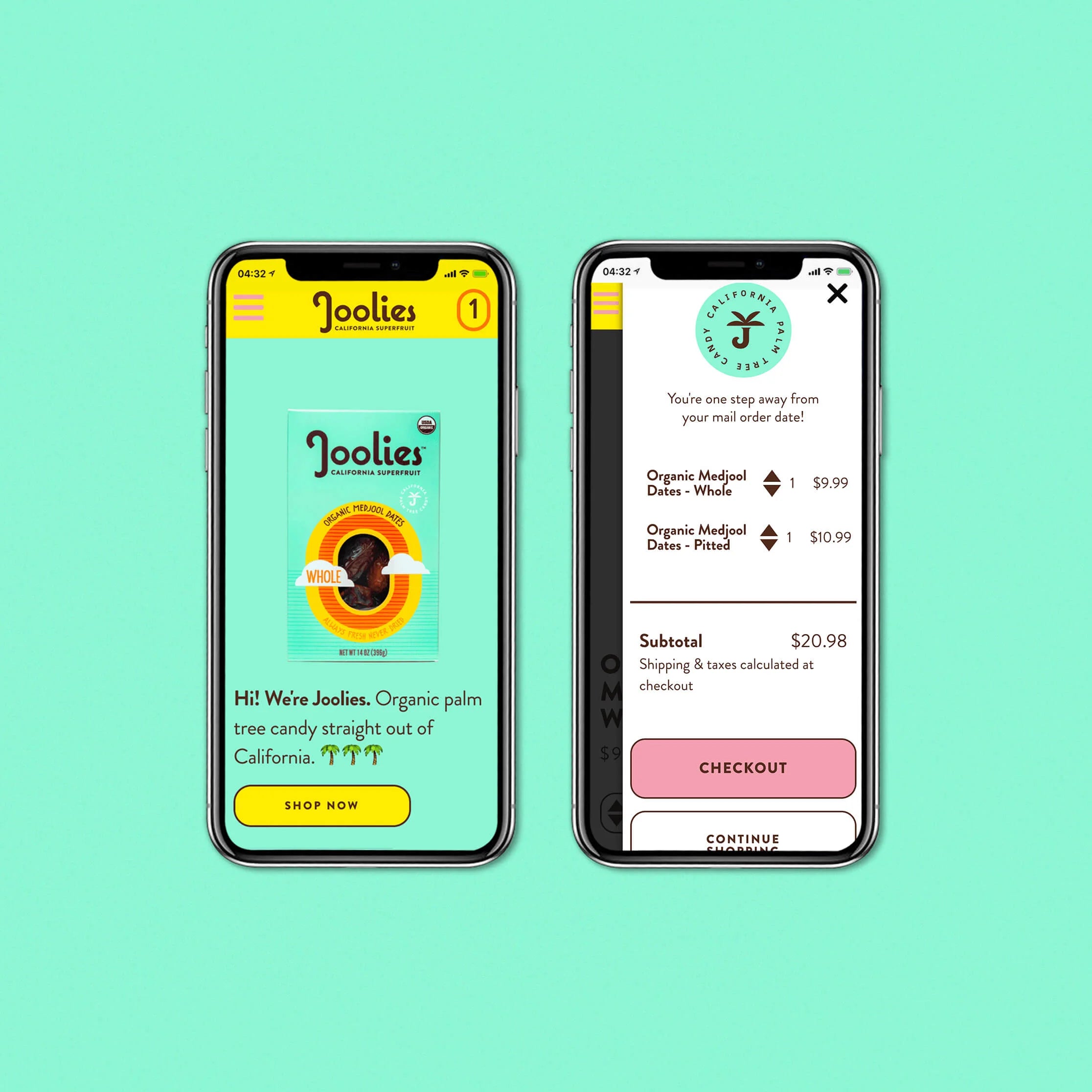 Two smartphones displaying the Joolies site on a teal background
