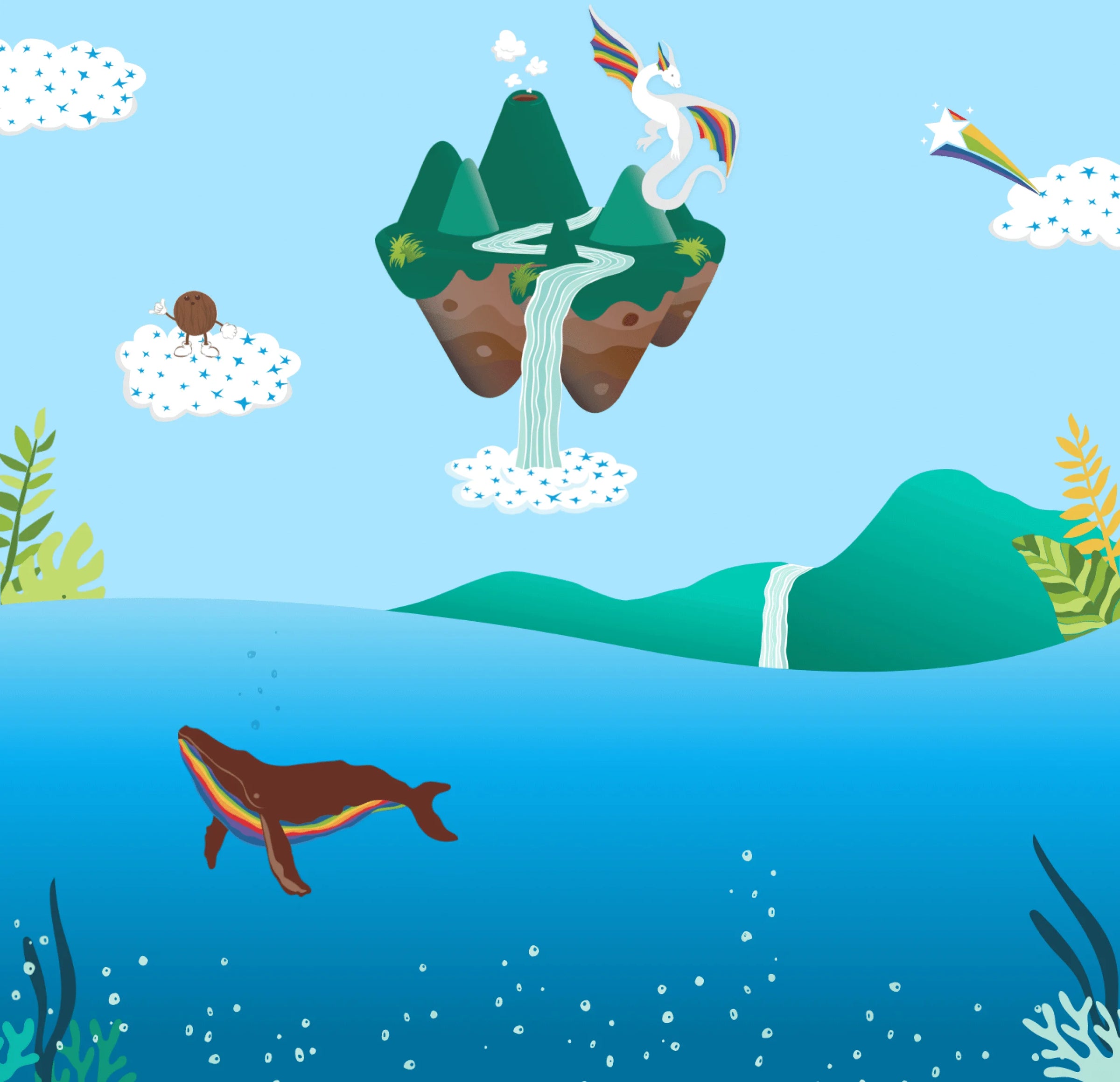 Cartoon-style underwater scene with a whale, mountains, and unicorns.