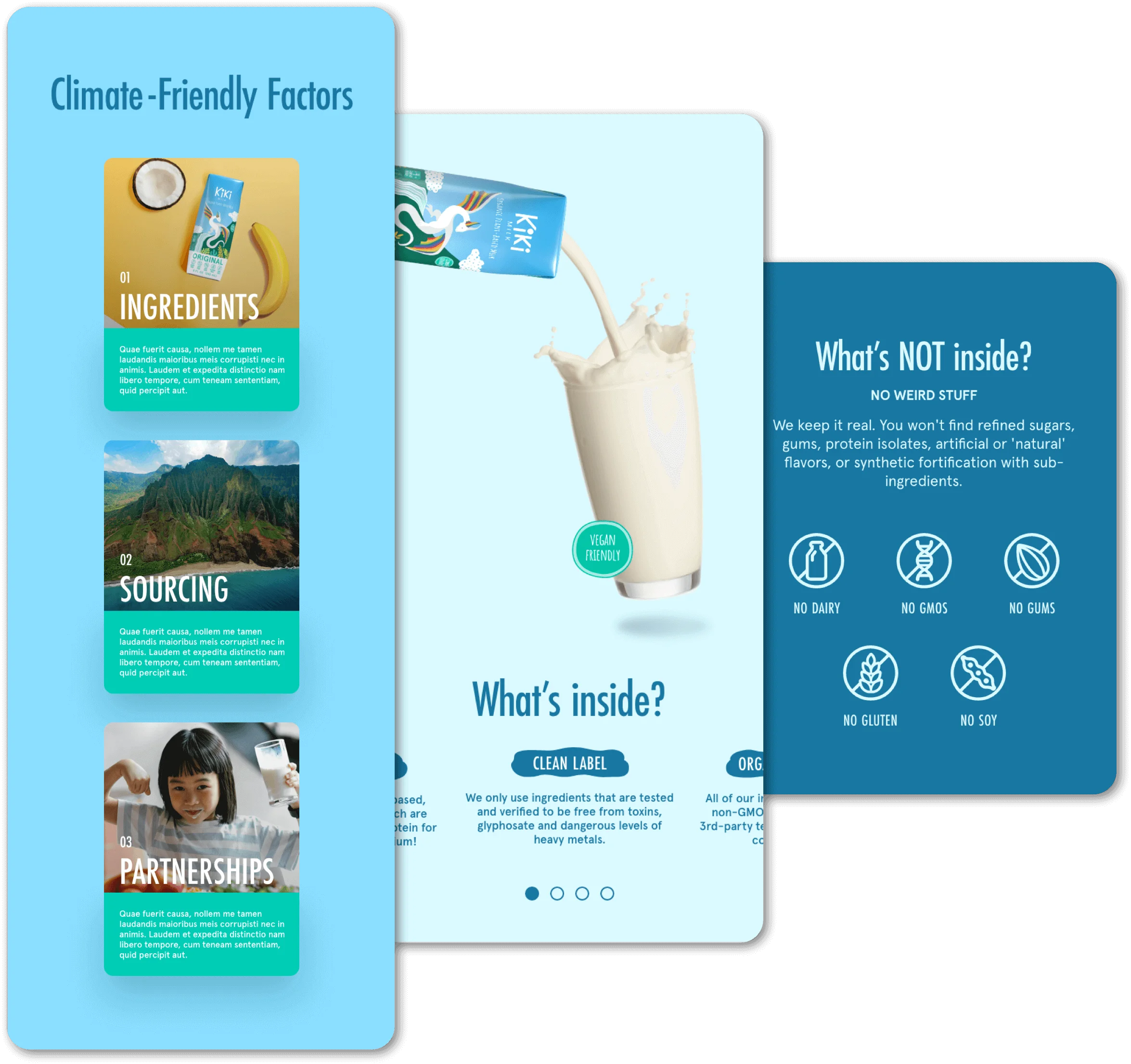 Educational cards about climate-friendly factors, ingredients, sourcing, and product details on a blue background.
