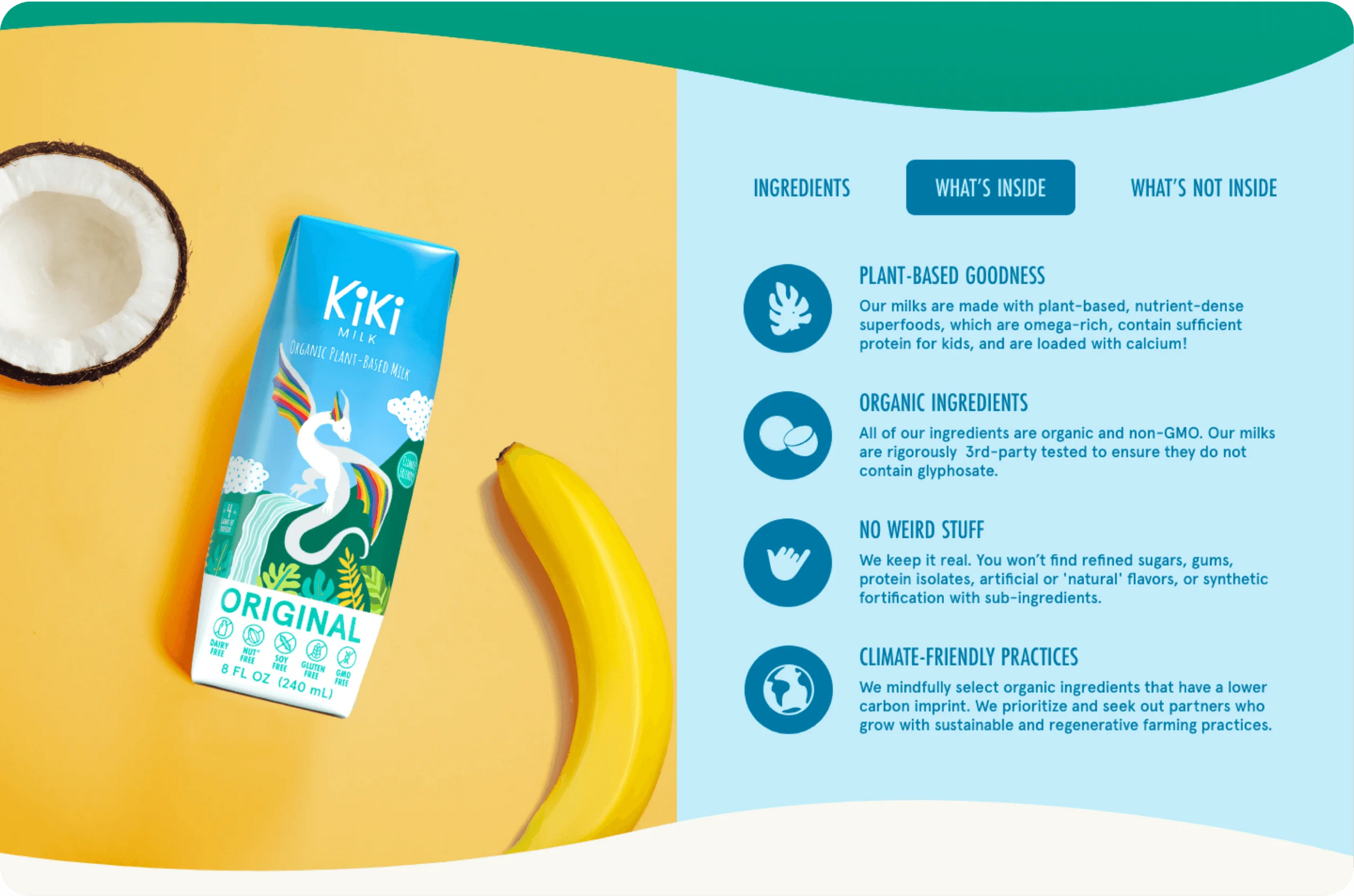 Kiki plant-based milk package with coconut, banana, and text on a yellow and blue background